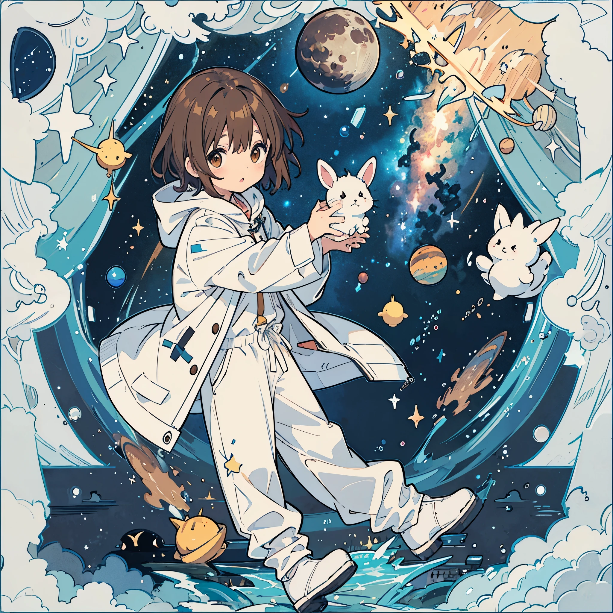 A 5-year-old brown-haired boy wearing white pajamas. Stuffed rabbit, space, planets, moon, stars, Milky Way, shooting stars,