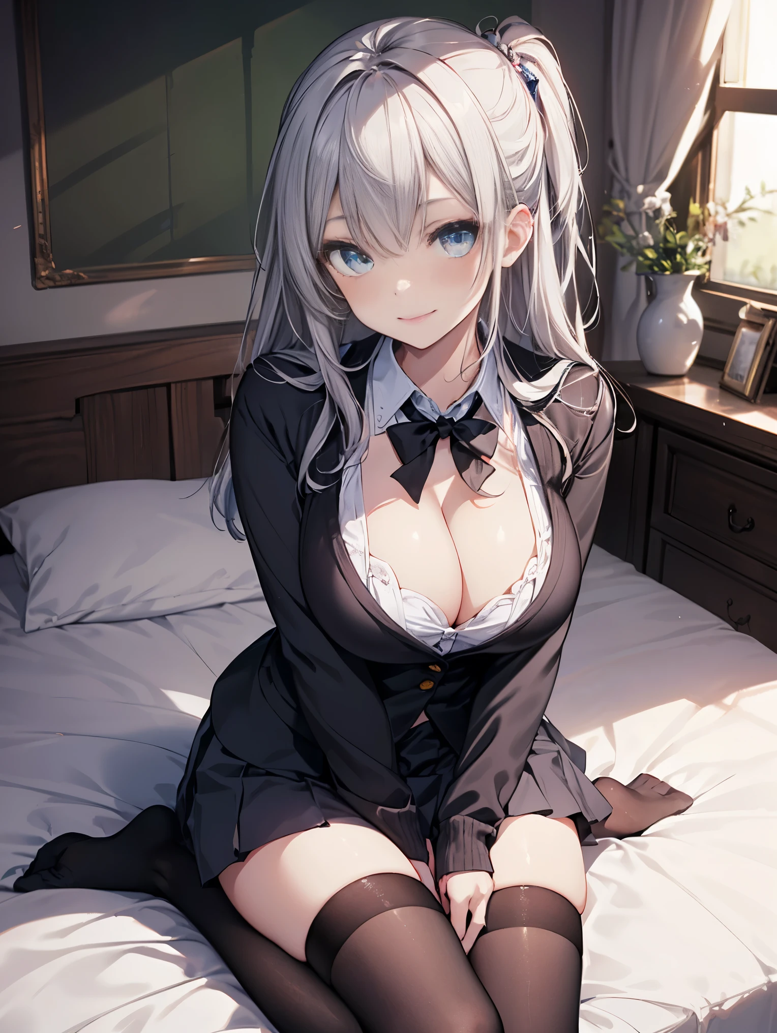 女の子1名, smile, sitting on the bed, thigh highs, silver hair, large breasts, school uniform, (((beautiful eyes, detailed eyes))), cleavage,