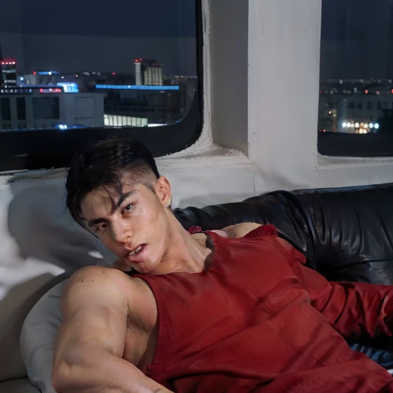 Handsome man , sitting on chair, facesitting, sitting on a boy's face on a sofa, front view, wooden floor, (best quality:1.3), masterpiece, (realistic:1.4), photo-realistic, amazing, finely detail, incredibly absurdres, huge filesize, ultra-detailed, highres, dramatic lighting, Indoors, window, (night city:1.5) BREAK , bare shoulders, black hair, (red sofa:1.5), (red dress:1.3), microdress, pubic hair, BREAK a man, 2boy, blue shirt, man lying on a bench, short hair, tongue, open mouth,looking up,