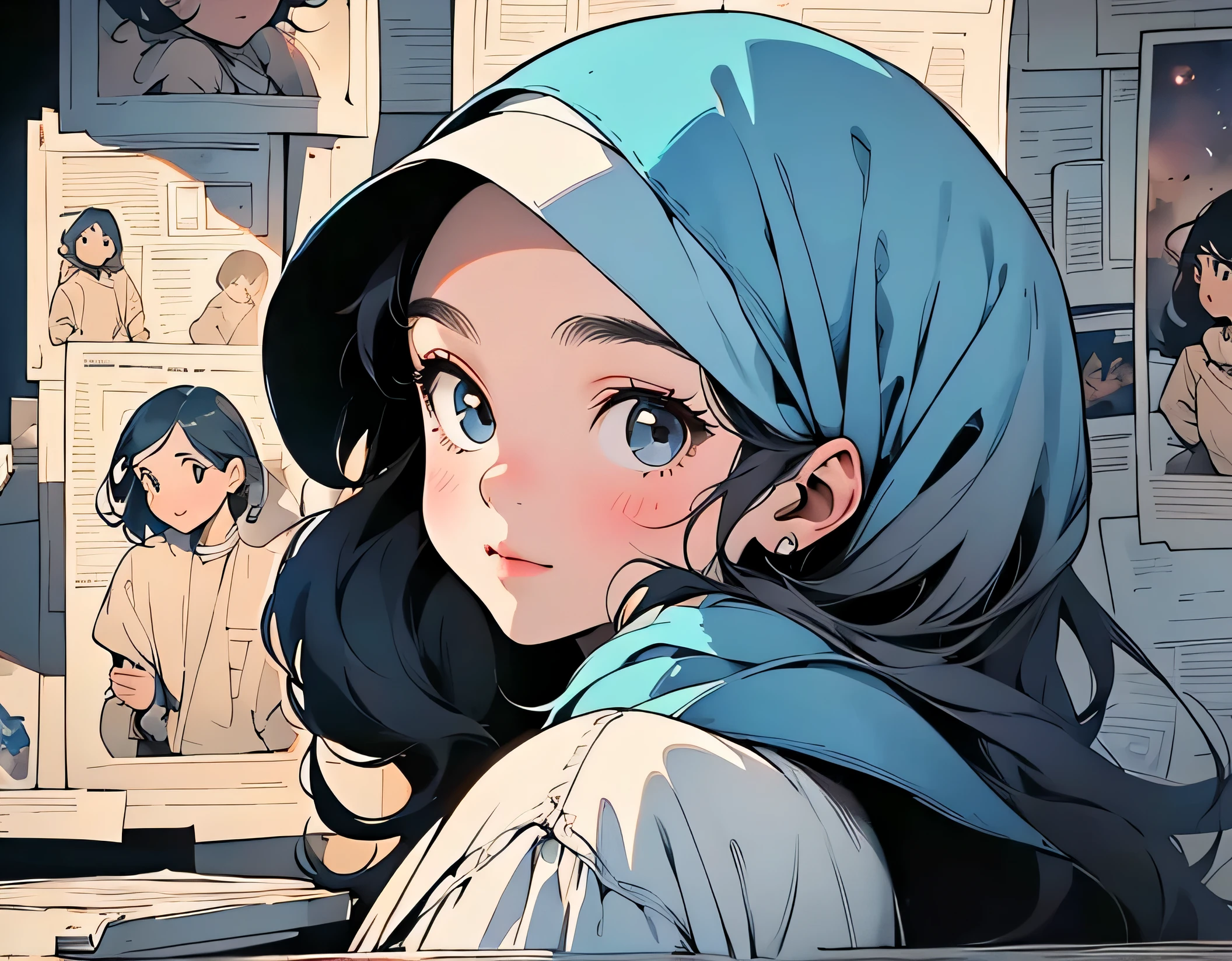 ((Best Quality, 8K, Masterpiece: 1.3)), best quality, ultra high res, there is a girl in hijab that is standing in front of a wall, cute face, beauty girl, big eyes, hijab, close up potrait, inspired by Naza, inspired by Nazmi Ziya Guran, in a space starry, in front of space station window, protrait, picture, inspired by Mym Tuma, girl in space, full protrait, faridah malik