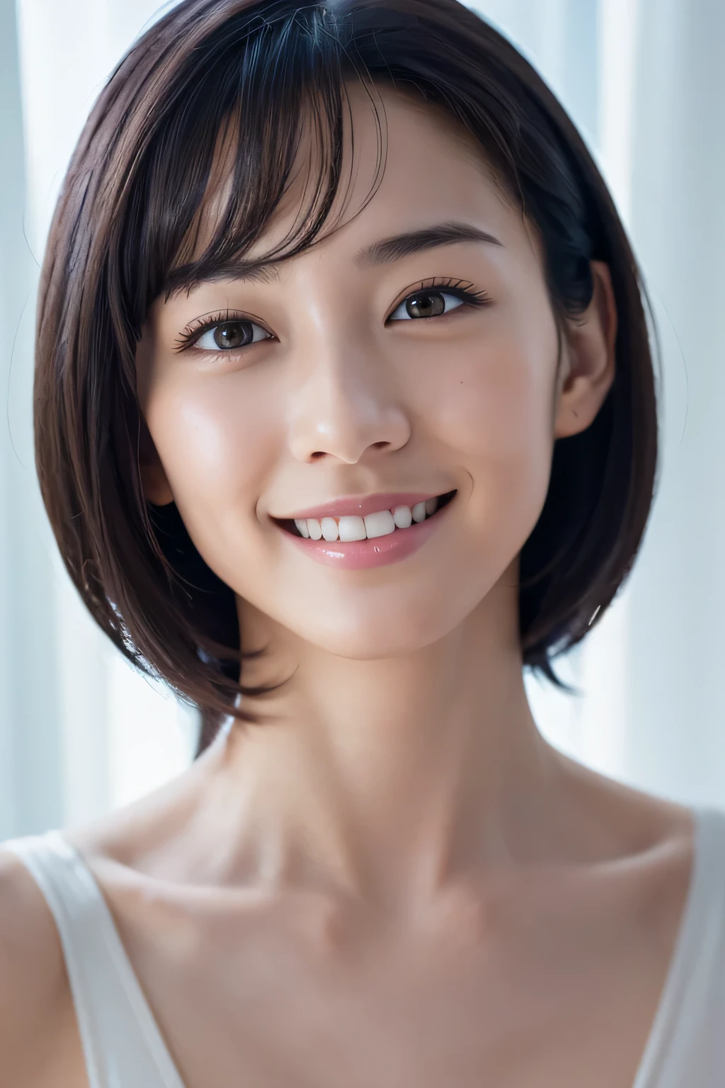 8k、High resolution、close-up image、high nose、narrow eyes、skinny、no makeup、the smile you show to your lover、Winking eyes、white skin、transparent skin、slimming、cute smile、wrinkles around the eyes、Vertical plane、transparent skin、Idol、short hair、shiny hair、Fashion Model、small breasts、Lighting to illuminate the face