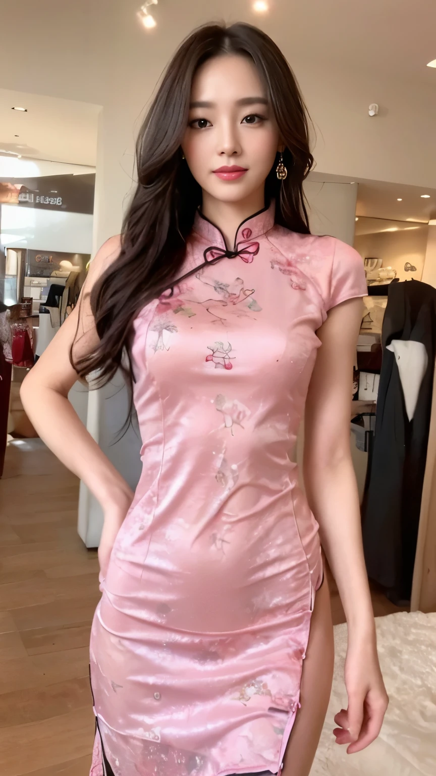 ((top-quality、8k、​masterpiece:1.3))、Beautiful woman with perfect body:1.4、slim abdomen:1.2、Longhair, normal breast, Highly detailed facial and skin texture, A detailed eye, delicate eyes, double eyelid, (smile), (full body shot), ((shopping mall)), (standing), (((wearing pink cheongsam))), looking in front