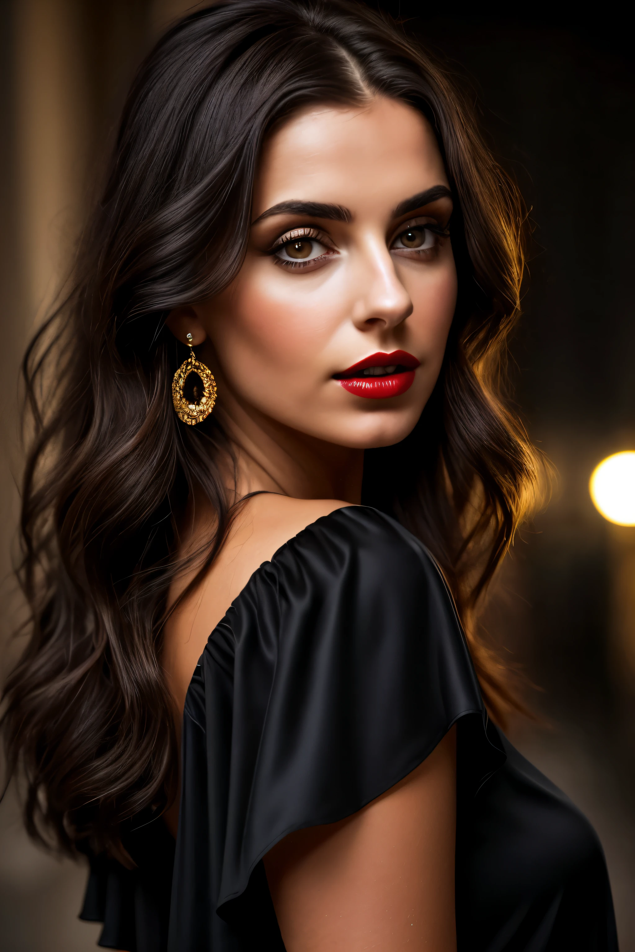 escuro e sombrio, 8k, a close up photo of a brunette woman with a dark background at night, cabelo abaixo do ombro, cabelo castanho escuro, inventar, Red lips, Blusa preta, gold jewelry, olhando diretamente para o espectador, hiper-realista, {uma  com pele de oliva extremamente bonita} {{{obra de arte}}}