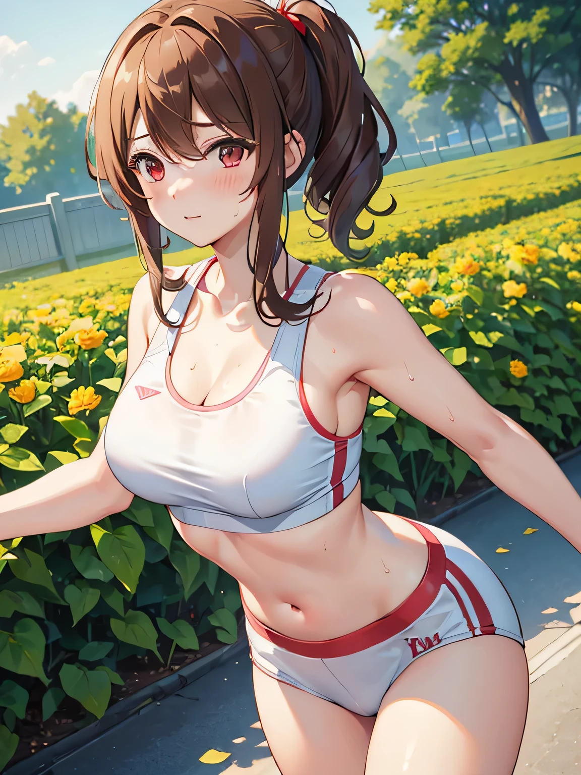 ((4K, masterpiece, highest quality)), 1 girl, Light brown SHRT hair, red eyes, center parted hair, medium breasts, cute, blush, running, white sports bra, morning, garden, Sweat