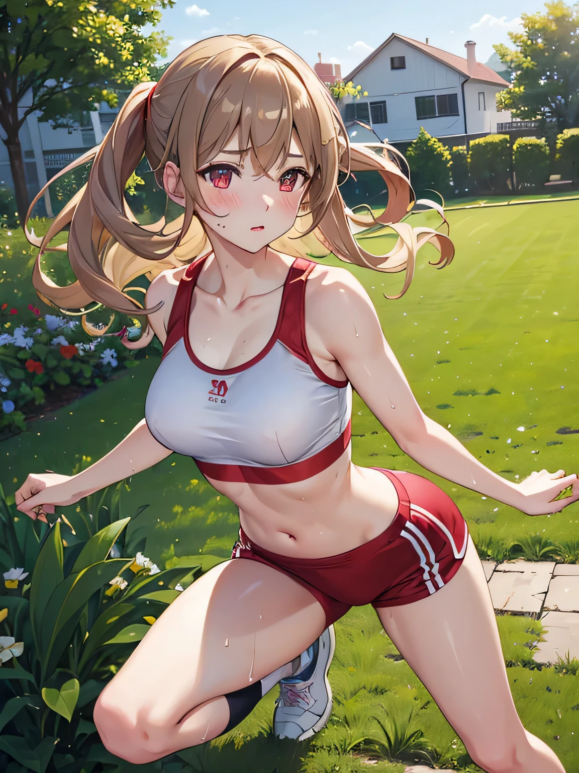 ((4K, masterpiece, highest quality)), 1 girl, Light brown SHRT hair, red eyes, center parted hair, medium breasts, cute, blush, running, white sports bra, morning, garden, Sweat
