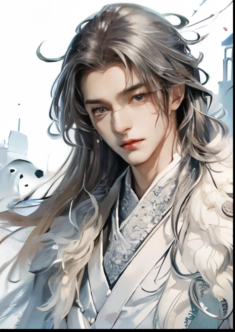 (very delicate and beautiful:1.2), 8K, (master piece, Highest:1.0), , (length_Silver_hair_male:1.5), Upper body, long_hairのmale性, Cool and seductive, evil_sight, Wearing white han clothes, and intricate details, and intricate details, fine eyes and detailed face, perfect eyes, Equal eyes, Fantastic Light and Shadow、white room background、 Uses backlight and rim light