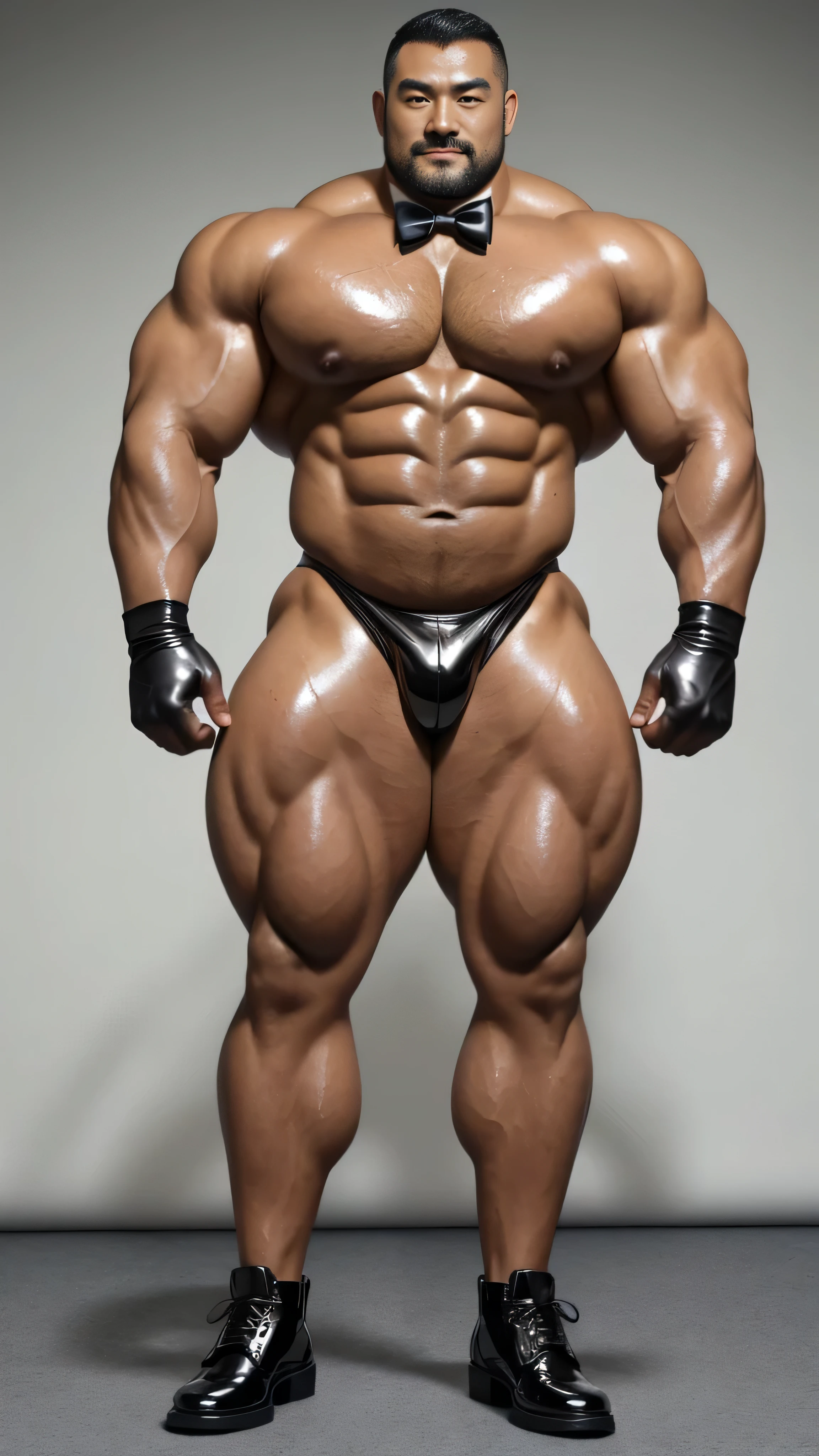 There is only one person in the picture，a chinese bodybuilder，35 years old，High, Strong and handsome，standing in front of gray background board，Paired with glossy black leather bow tie，short hair, O-shaped beard，Perfect body, Dark and shiny complexion，Muscle bulge, muscular, Very big pecs，Very sexy abs，Leg muscles are very developed，High and burly，Huge bumpy area，Brighten oily skin，Black leather shiny leather gloves, Wearing a gold leather shiny thong, Wear black leather shoes to shine，handsome face，detailed facial features, Correct and accurate male anatomy, full-body shot, Large pecs, Wet oil wax gloss for oily muscles and skin，Professional photography。