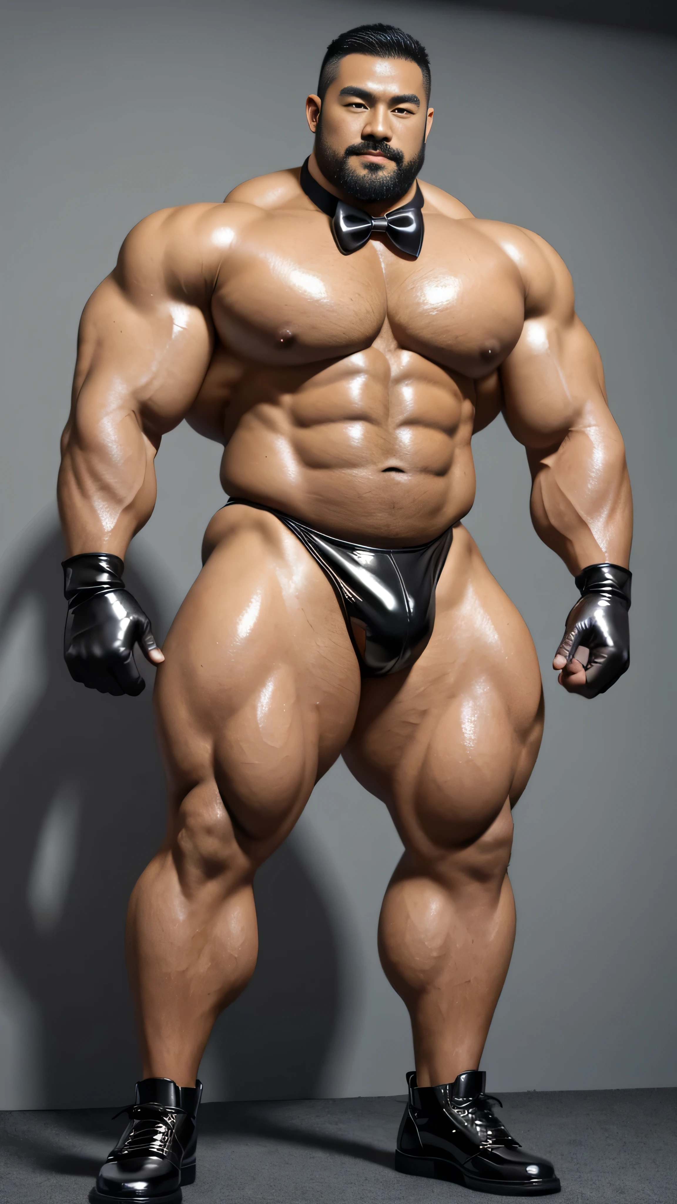 There is only one person in the picture，a chinese bodybuilder，35 years old，High, Strong and handsome，standing in front of gray background board，Paired with glossy black leather bow tie，short hair, O-shaped beard，Perfect body, Dark and shiny complexion，Muscle bulge, muscular, Very big pecs，Very sexy abs，Leg muscles are very developed，High and burly，Huge bumpy area，Brighten oily skin，Black leather shiny leather gloves, Wearing a gold leather shiny thong, Wear black leather shoes to shine，handsome face，detailed facial features, Correct and accurate male anatomy, full-body shot, Large pecs, Wet oil wax gloss for oily muscles and skin，Professional photography。