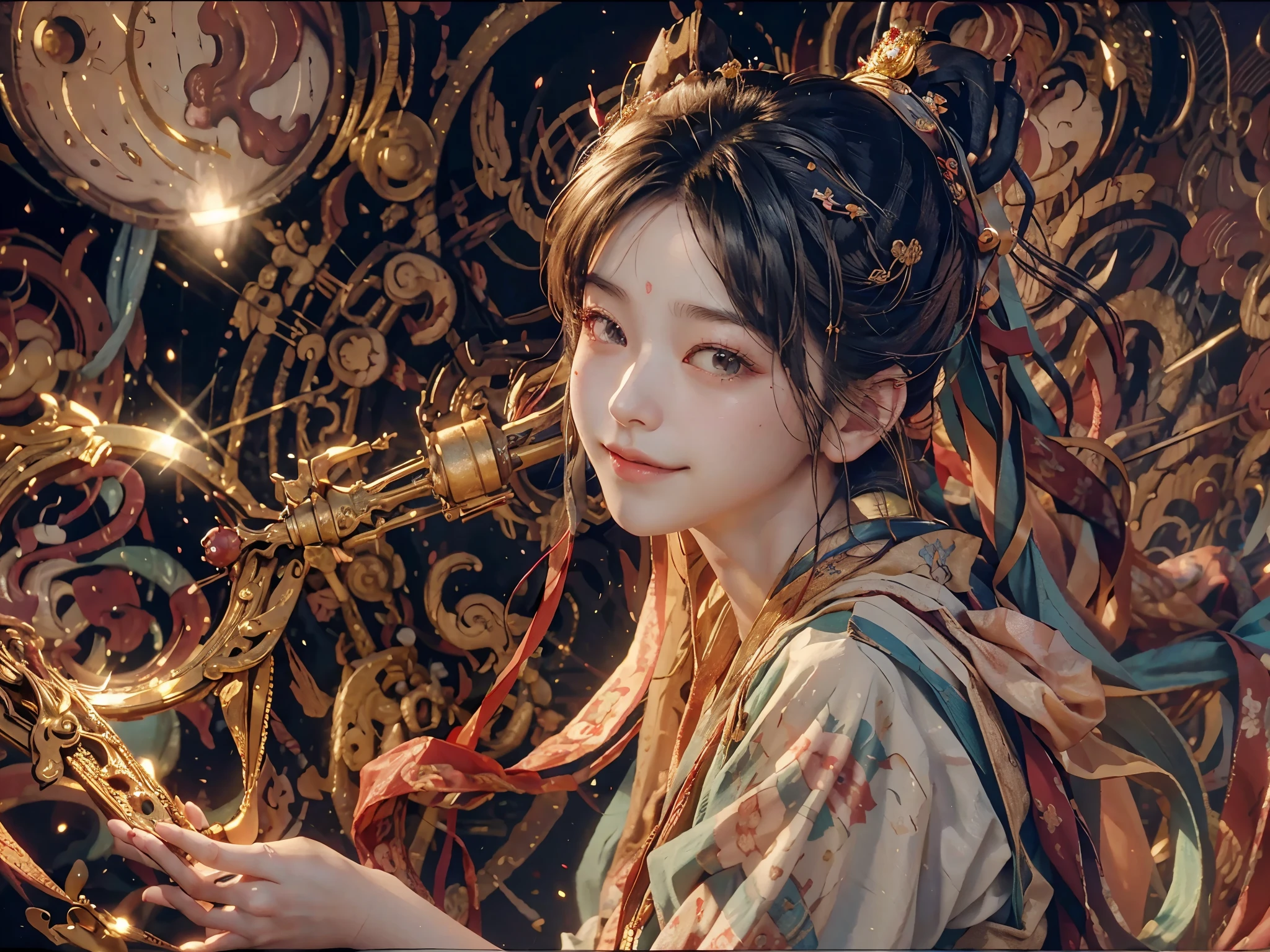 (RAW photo, highest quality), (realistic, photorealistic real: 1.3), highest quality, very detailed, masterpiece, Super detailed, figure, 1 girl, upper_body, dynamic angle, world mastery theater, Messy_length_hair, highest quality, very detailed CG 制服 8k 壁紙, ink, wonderful, sexy, Peach blossom eyes, 白hair, smile, movie lighting, lens_flare, Dunhuang_style