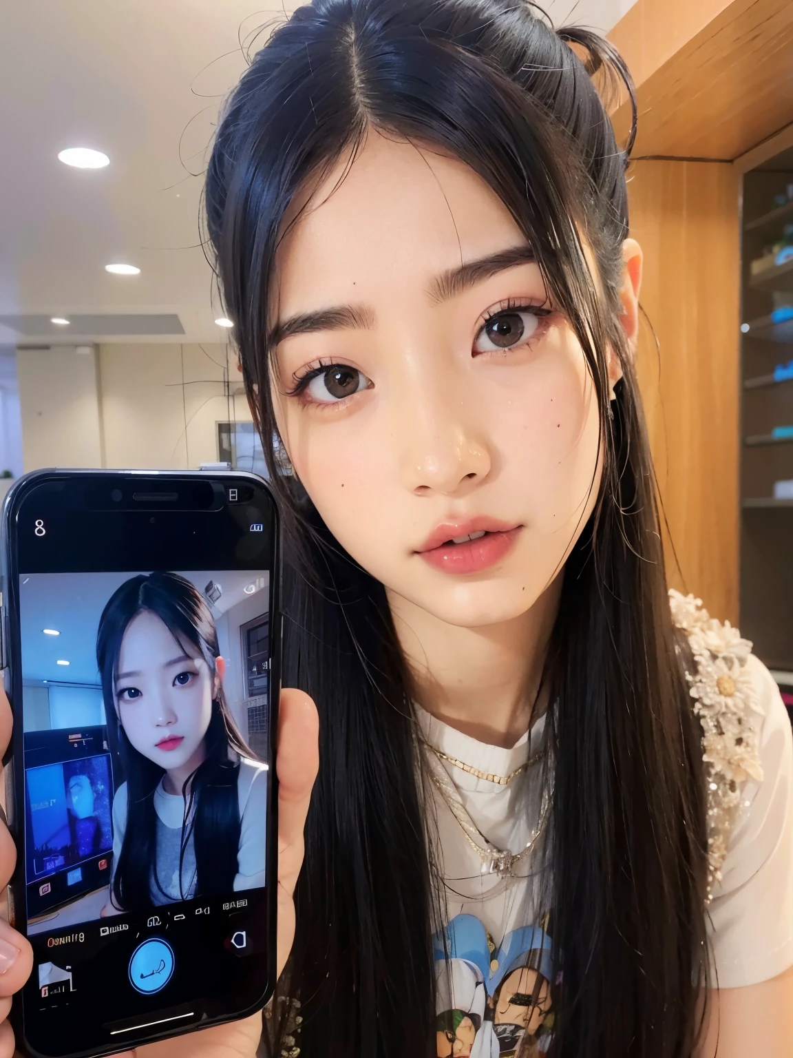 Arafed woman holding a cell phone with a photo of a woman on it., 8k selfie photography, pale korean adorable face, jennie rosa negro, ulzzang, Jinyoung Shin, sha xi, con cara linda - fina, jaeyeon nam, gongbi, jossi de blackpink, kim doyoung, joven y adorable rostro coreano, 2 4 MP