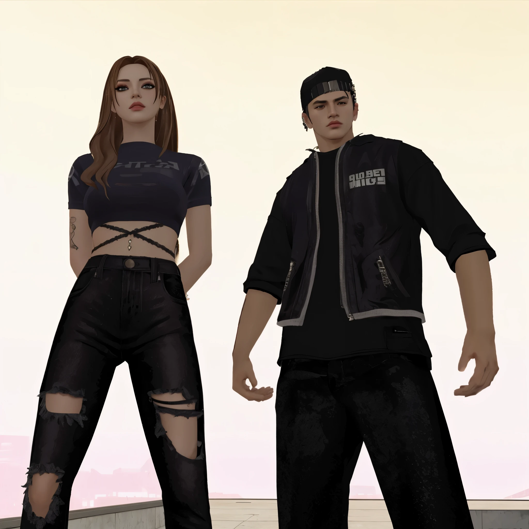 there are two people standing next to each other in a room, imvu, second life avatar, mechanic punk outfit, medium shot of two characters, posing for a fight intricate, in gta san andreas, dressed in crustpunk clothing, charli bowater and artgeem, ! movie scene, secondlife, couple pose, looking this way, street clothes