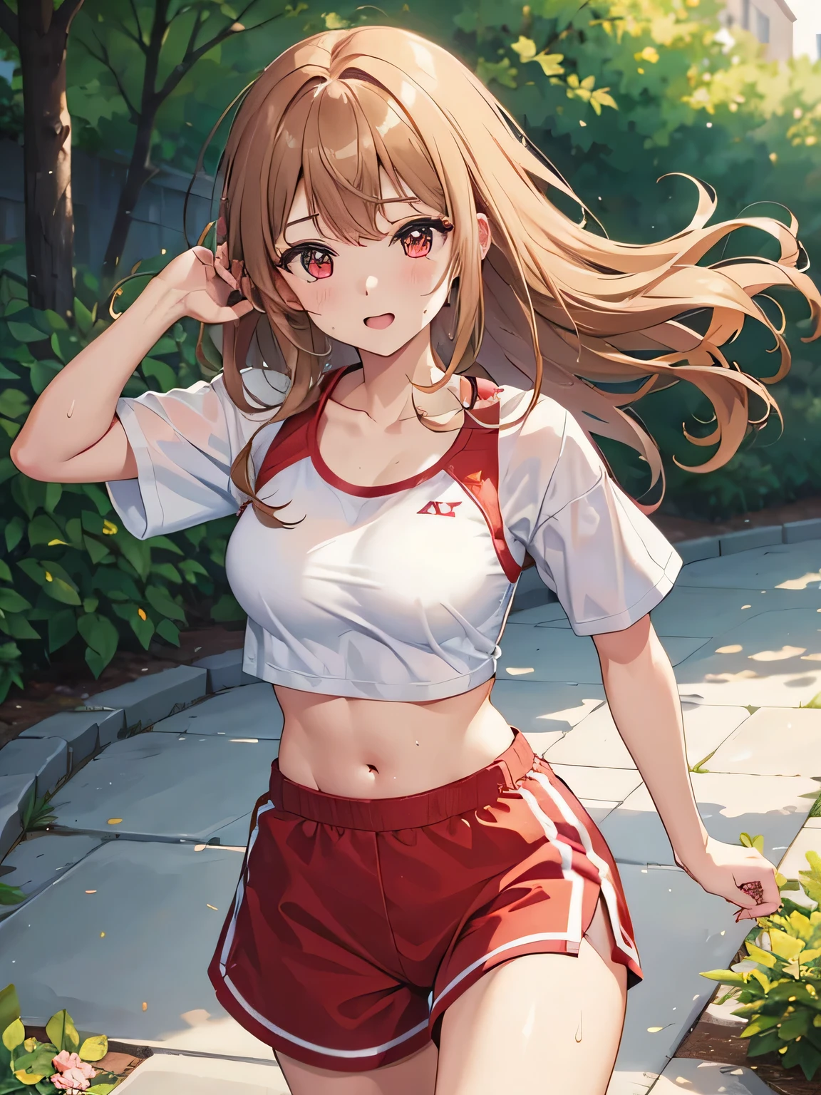 ((4K, masterpiece, highest quality)), 1 girl, Light brown SHRT hair, red eyes, center parted hair, medium breasts, cute, blush, running, white sports bra, morning, garden, Sweat