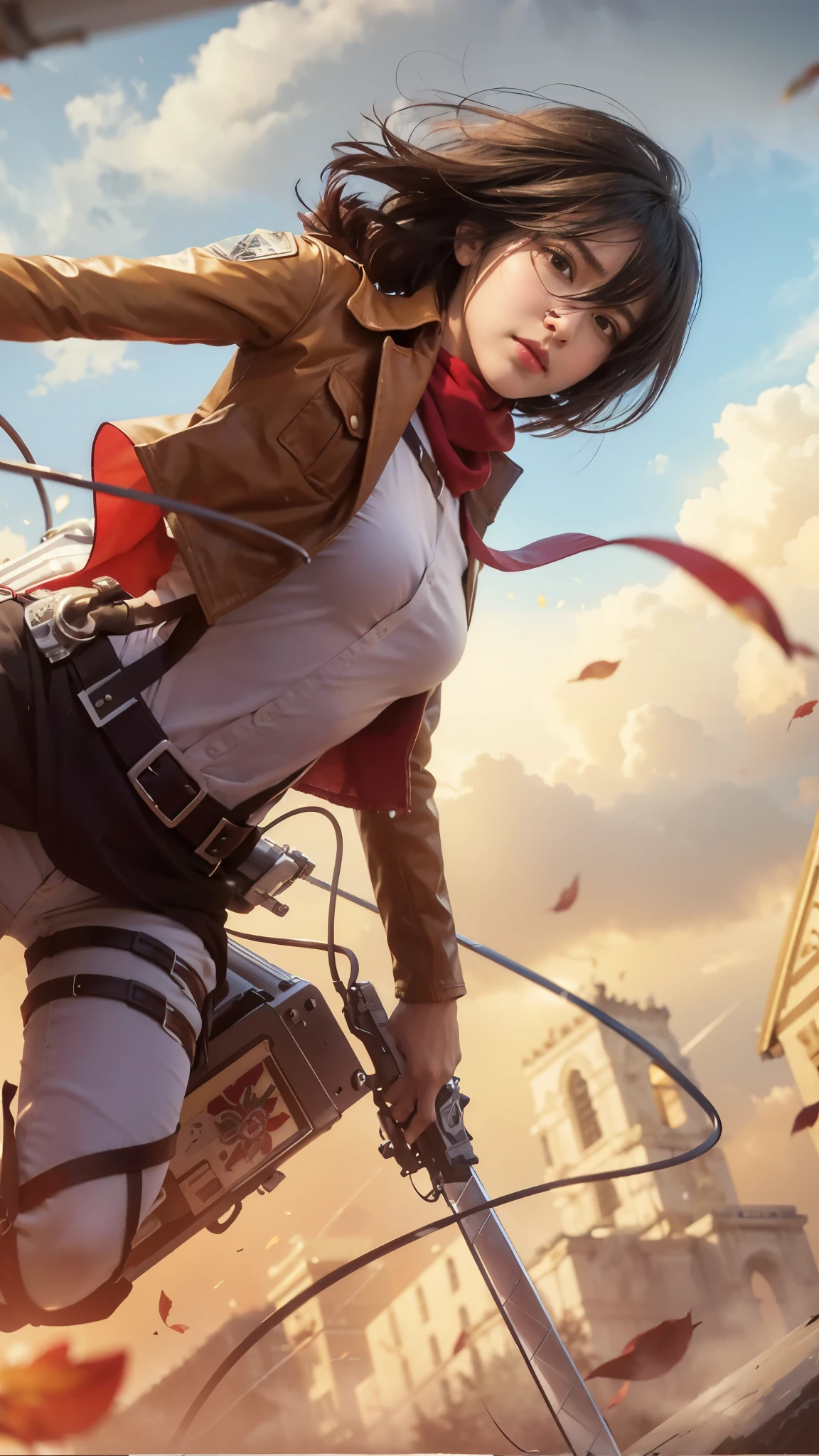 Mikasa, Masterpiece, Best quality, A high resolution, Short hair, Black eyes, Scarf, emblem, belt, thigh band, Red scarf, White pants, Brown jacket, Long sleeves, holding weapon, sword, dual wielding, Three-dimensional electric gear, Arms spread wide, standing on one leg, Wide shot, sky, Highest quality, high resolution.