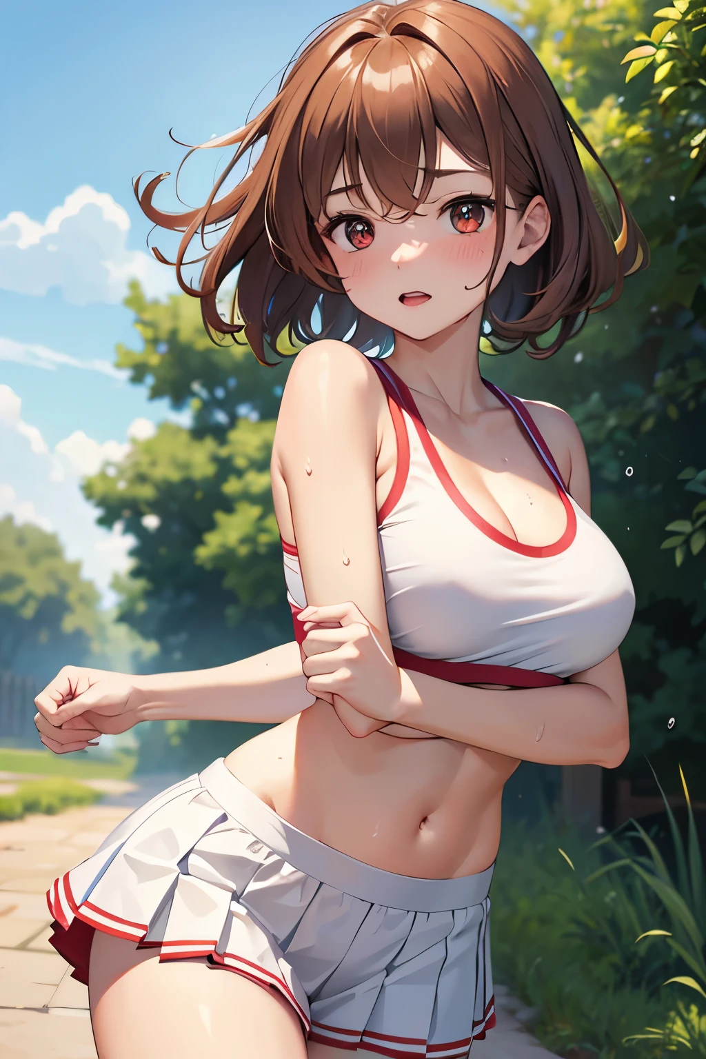 ((4K, master piece, highest quality)), 1 girl, Light brown SHRT hair, red eyes, center parted hair, medium breasts, cute, blush, running, white sports bra, morning, garden, Sweat,pleated skirt