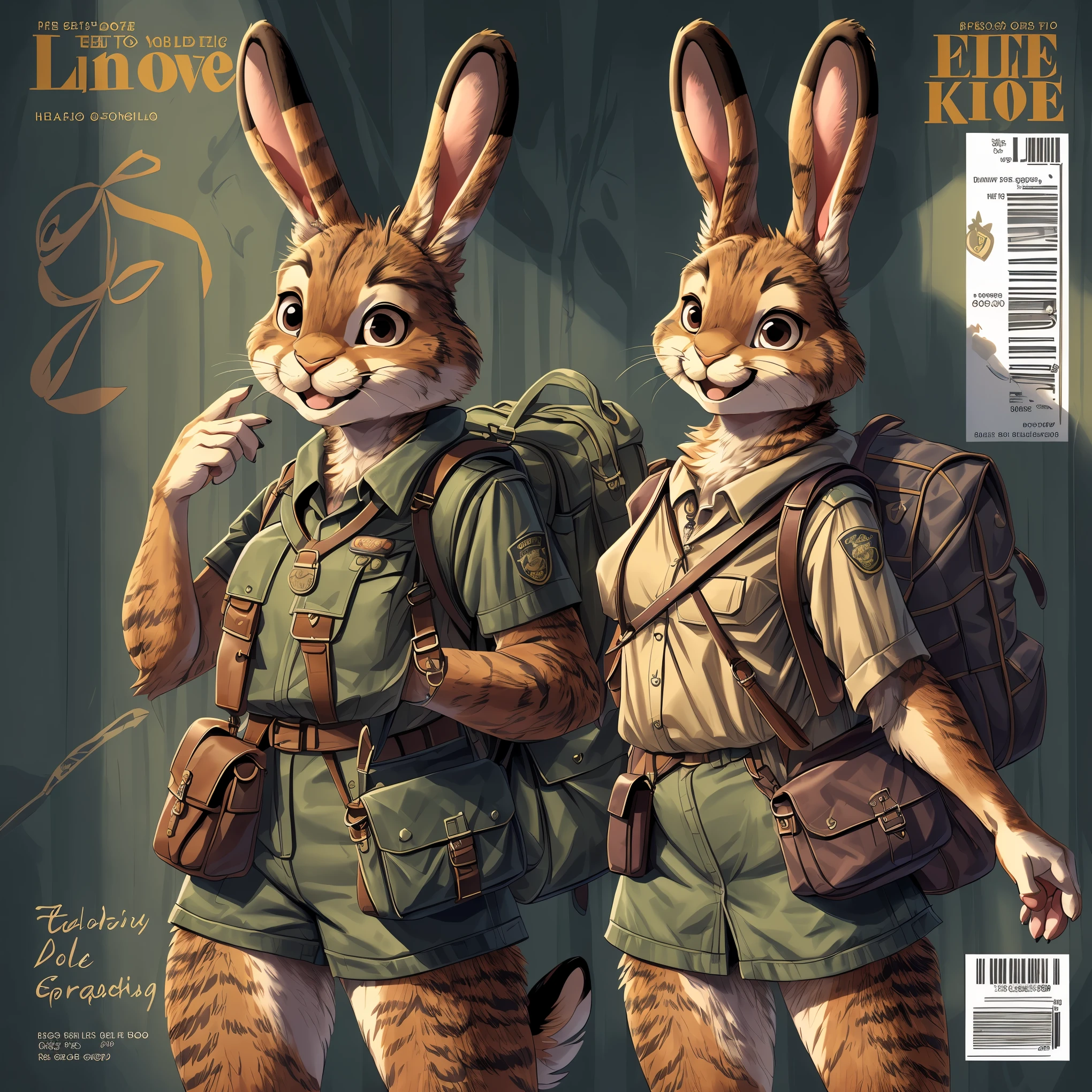 super fine illustration, best quality, magazine cover, upper body, contrapposto, backpack, badge, bag, bag charm, bookbag, handbag, pocket, pouch(Highly Detailed Beautiful Face and Eyes) absurdres, Perfect Anatomy((furry girl))(((furry)))(furry anthro:1.7)((rabbit Facial Features, rabbit Body Features))((rabbit ears, Highly Detailed Body Fur))joyful smile,