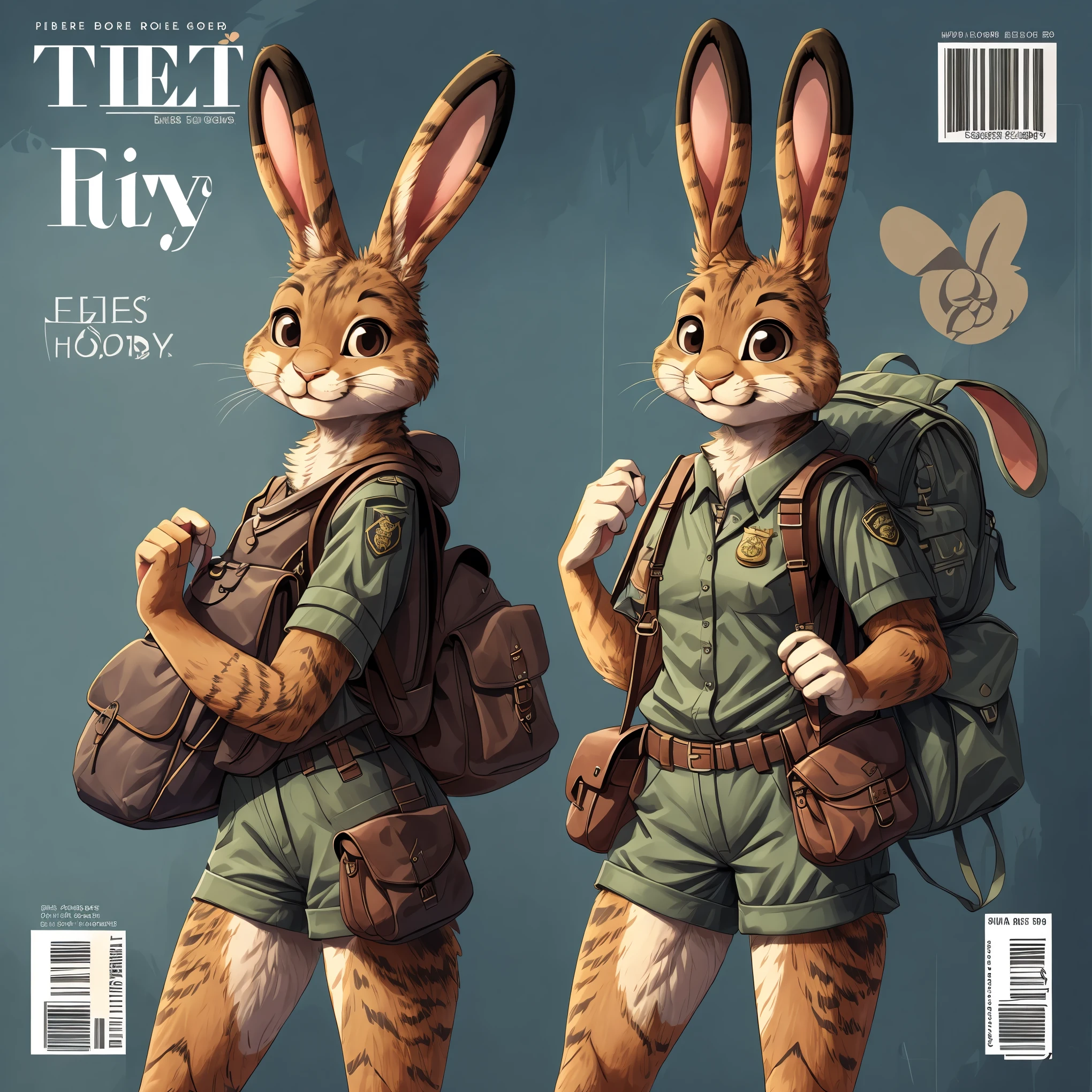 super fine illustration, best quality, magazine cover, upper body, contrapposto, backpack, badge, bag, bag charm, bookbag, handbag, pocket, pouch(Highly Detailed Beautiful Face and Eyes) absurdres, Perfect Anatomy((furry girl))(((furry)))(furry anthro:1.7)((rabbit Facial Features, rabbit Body Features))((rabbit ears, Highly Detailed Body Fur))joyful smile,