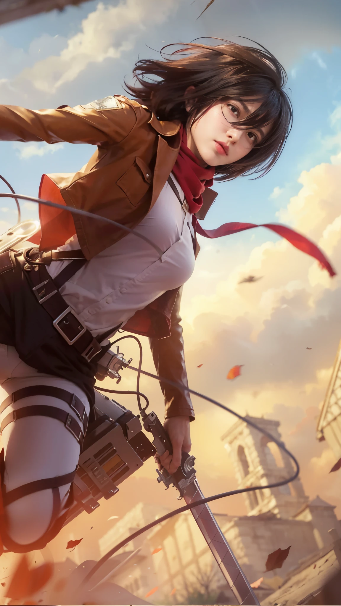 Mikasa, Masterpiece, Best quality, A high resolution, Short hair, Black eyes, Scarf, emblem, belt, thigh band, Red scarf, White pants, Brown jacket, Long sleeves, holding weapon, sword, dual wielding, Three-dimensional electric gear, Arms spread wide, standing on one leg, Wide shot, sky, Highest quality, high resolution.