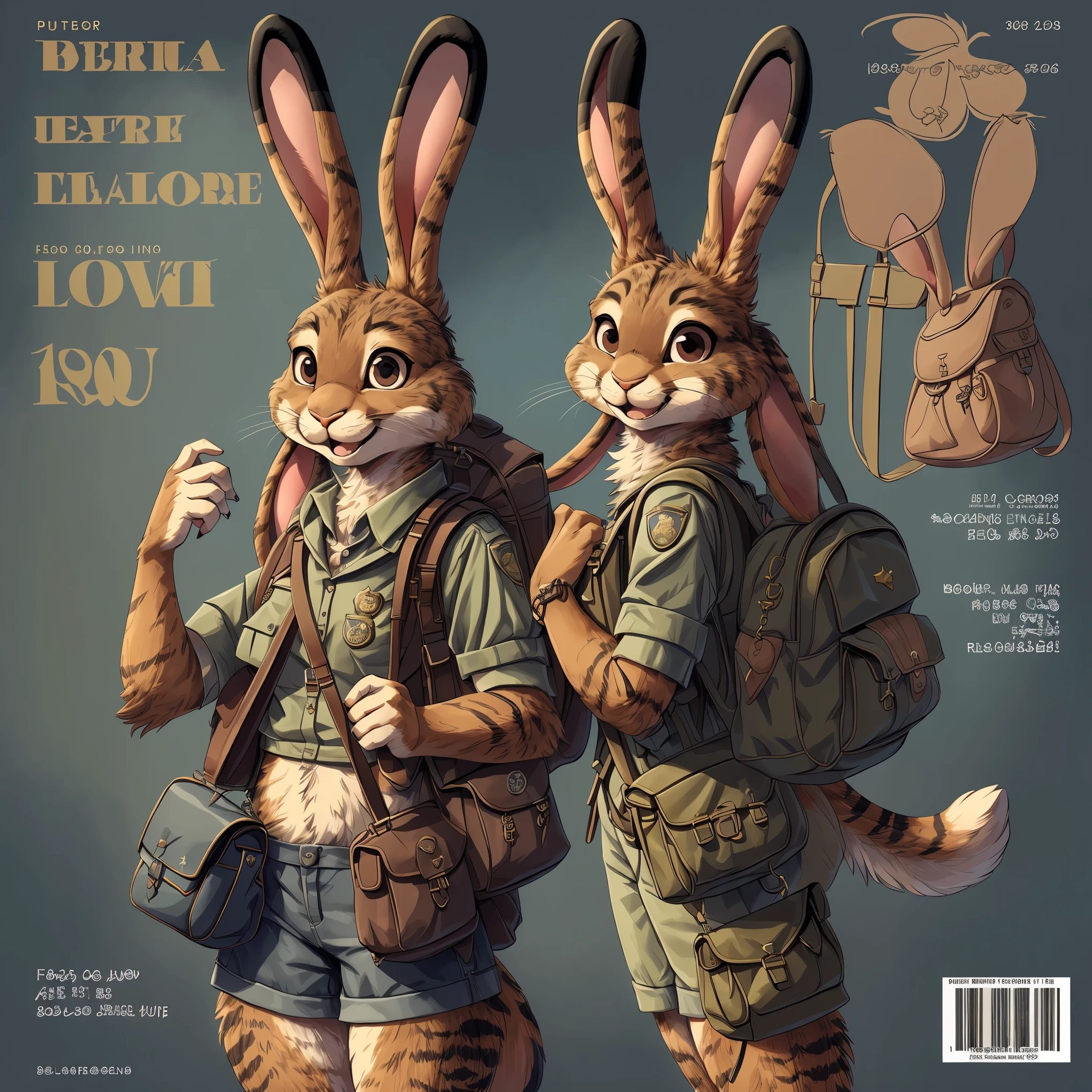 super fine illustration, best quality, magazine cover, upper body, contrapposto, backpack, badge, bag, bag charm, bookbag, handbag, pocket, pouch(Highly Detailed Beautiful Face and Eyes) absurdres, Perfect Anatomy((furry girl))(((furry)))(furry anthro:1.7)((rabbit Facial Features, rabbit Body Features))((rabbit ears, Highly Detailed Body Fur))joyful smile,