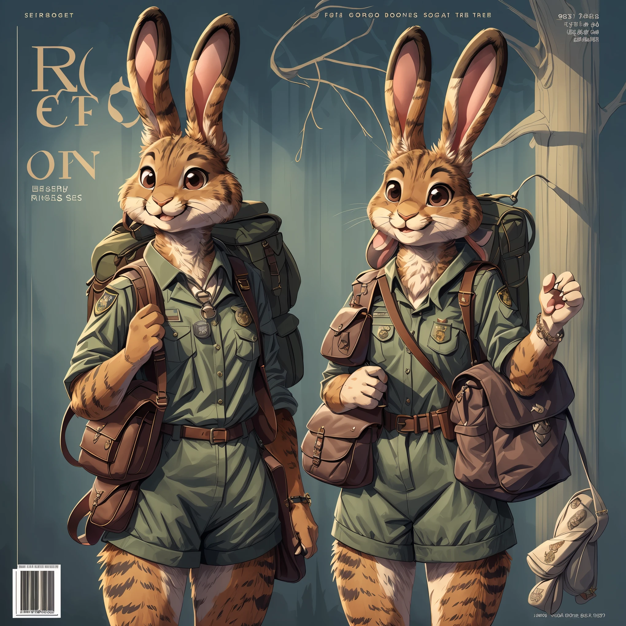 super fine illustration, best quality, magazine cover, upper body, contrapposto, backpack, badge, bag, bag charm, bookbag, handbag, pocket, pouch(Highly Detailed Beautiful Face and Eyes) absurdres, Perfect Anatomy((furry girl))(((furry)))(furry anthro:1.7)((rabbit Facial Features, rabbit Body Features))((rabbit ears, Highly Detailed Body Fur))joyful smile,