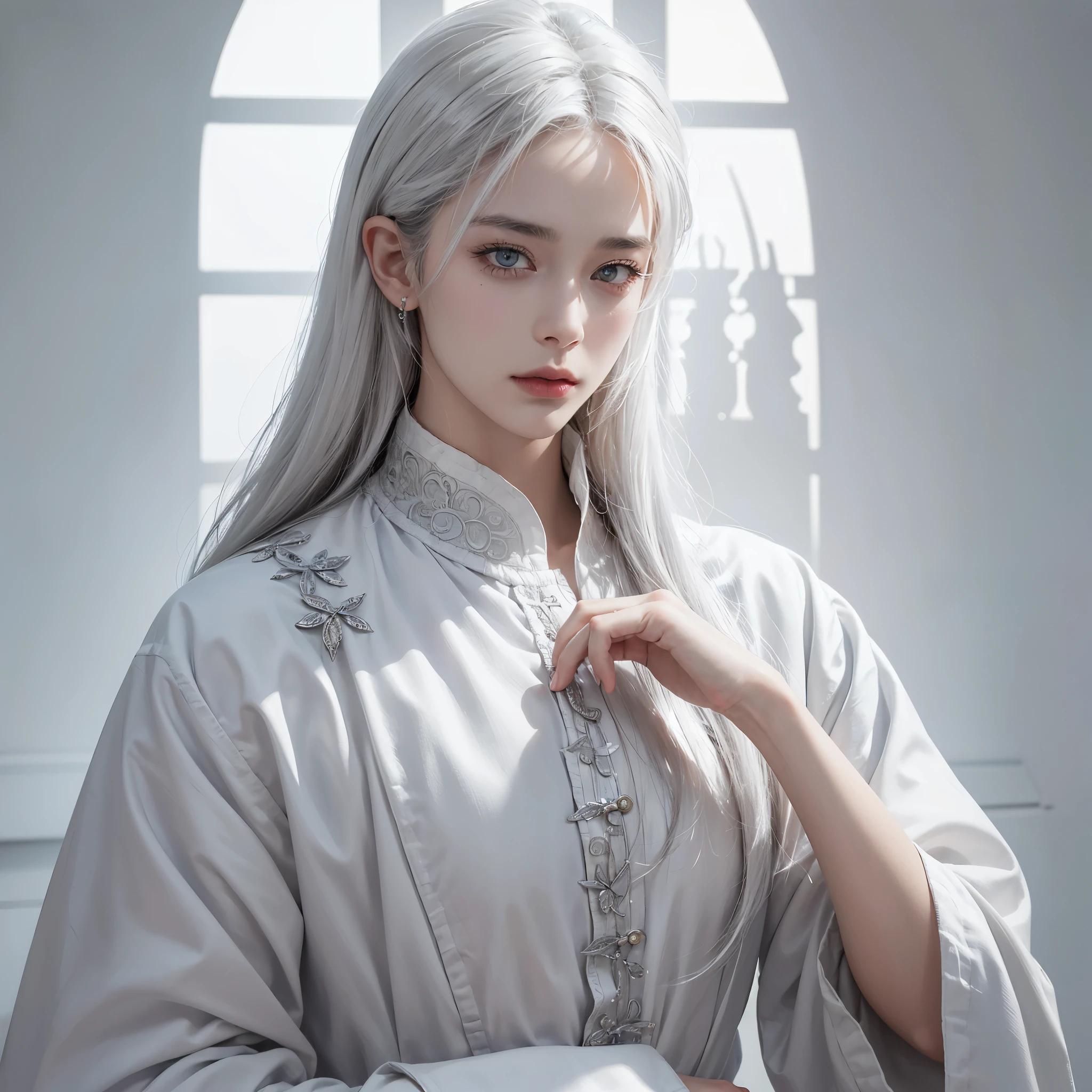 (RAW photo, highest quality), (realistic, photorealistic real: 1.3), highest quality, very detailed, masterpiece, Super detailed, figure,Upper body, long_Man with white hair, gray eyes,Cool and seductive, evil_sight, Wearing white han clothes, and intricate details, and intricate details, fine eyes and detailed face, perfect eyes, Equal eyes, Fantastic Light and Shadow、white room background、 Uses backlight and rim light