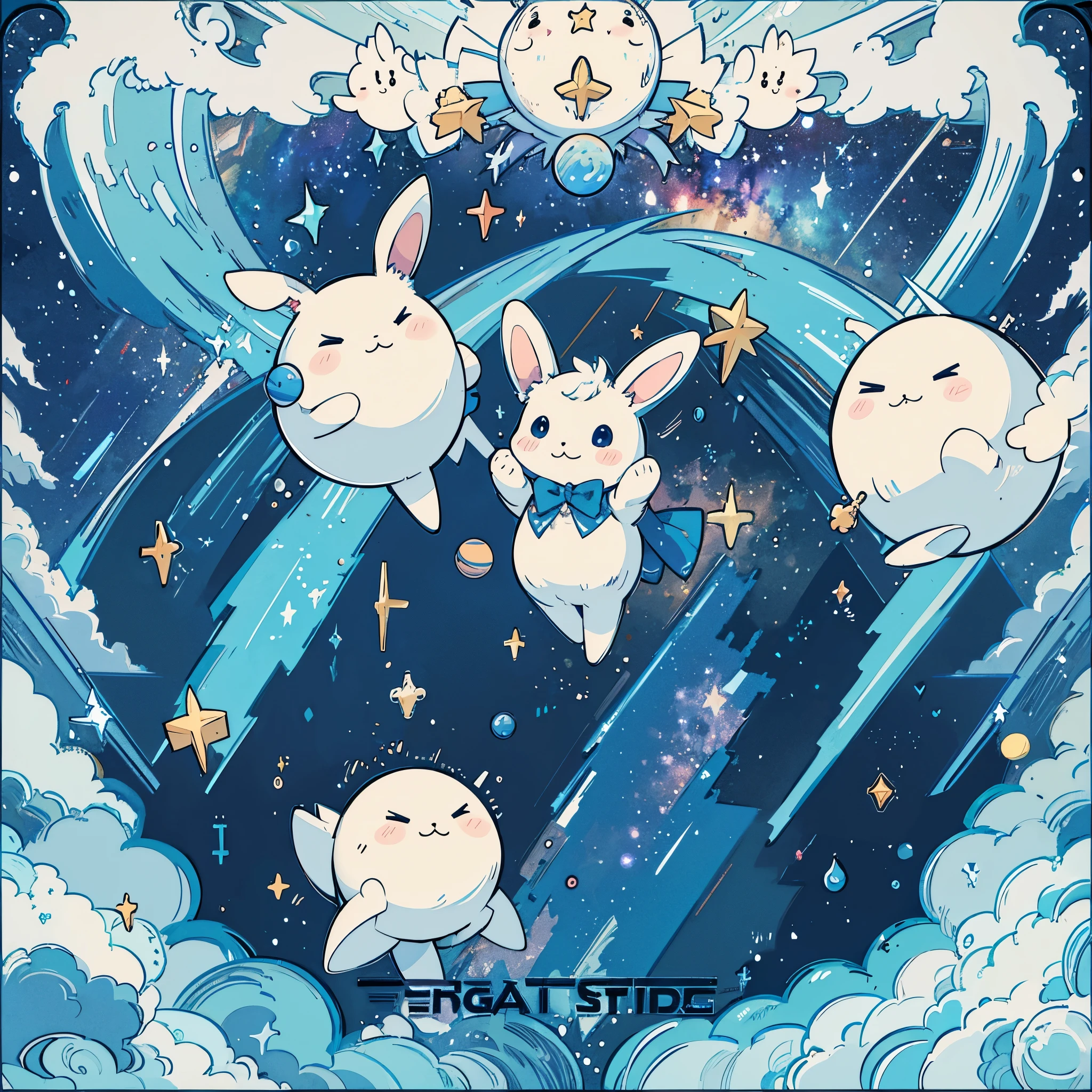 A cute stuffed bunny flies through space. planets, stars, moon, shooting stars, milky way,