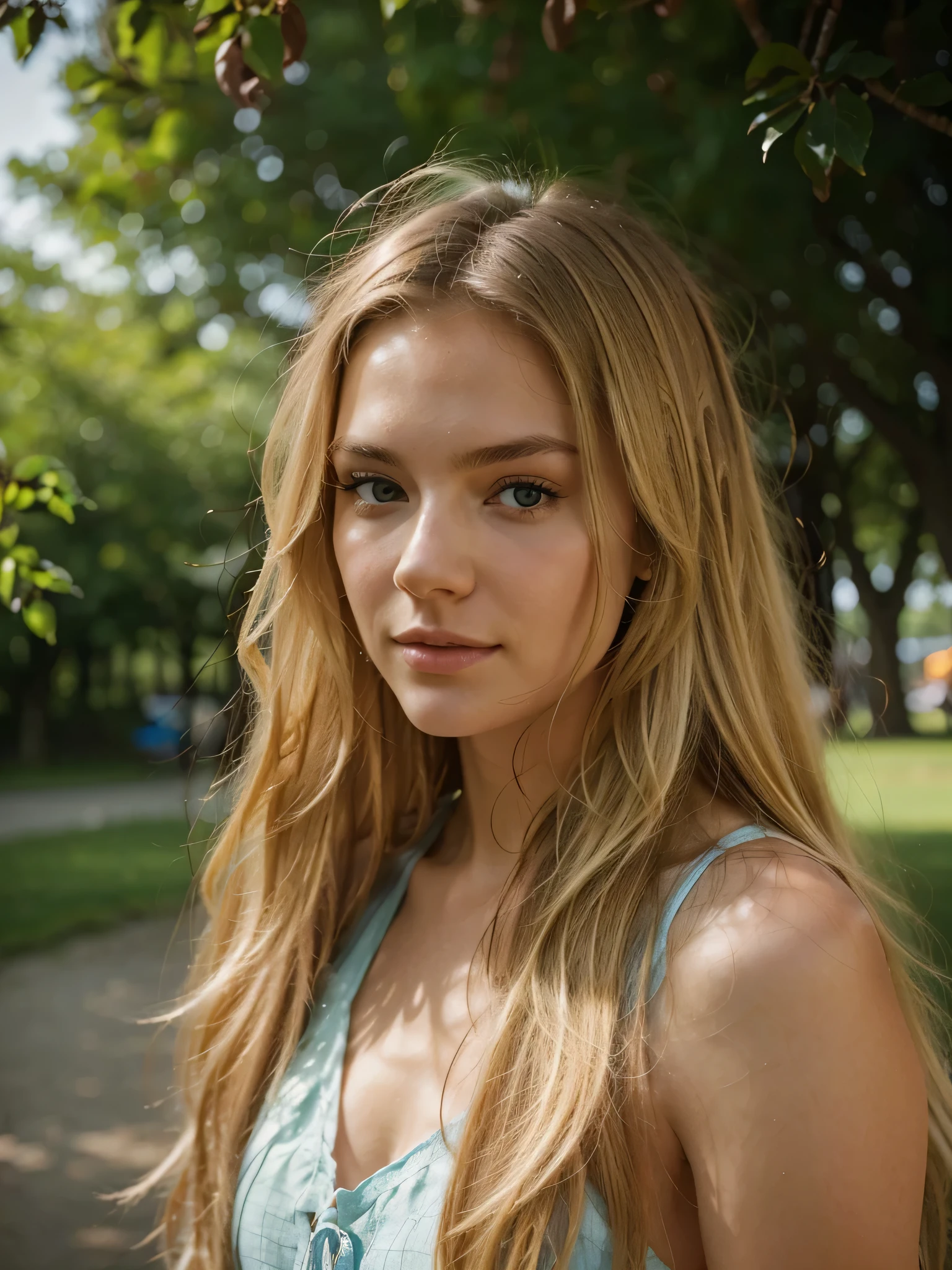 A photorealistic portrait of a 25-year-old slavic girl with long, flowing blonde hair. She should have a natural, approachable expression and be illuminated by soft, golden-hour sunlight. The background should be a scenic outdoor setting, perhaps a sunlit park or beach. Capture this image with a high-resolution photograph using an 85mm lens for a flattering perspective.