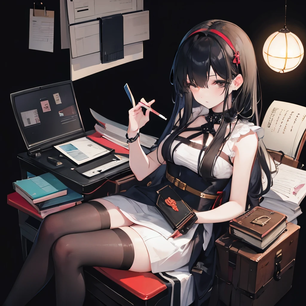 traveler submissive woman,blindfold,with diary, black background, anime style