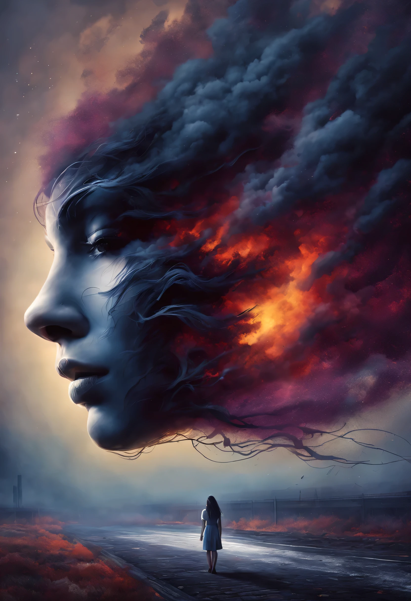 (Best Quality,despairing,Desperate,Dark-haired young woman,deep in thought,Mysterious atmosphere),Oil Painting,Realistic,Ultra-detailed,emotional,Undeservedly beautiful,Loneliness and isolation,Bright blue and deep purple color scheme,Dramatic Lighting,ruined buildings,Overgrown leaves,Crumbling walls,endless darkness,fiery red sunset,Stormy sky,tears ran down her face,Sad look,Broken Dreams,There was a dashed hope in her eyes.............,Distorted reality,dark secret,ominous shadows,Dagger in her hand,An uncertain future,Dim lantern,striking contrast,Expressive brush strokes and textures,Capturing moments of weakness and pain,attract the audience&#39;the feeling of,deeply introspective artwork.Distorted facial expressions,feeling of despair,Hold your head，face one&#39;Inner Self,devil&#39;whisper of,Diabolical,Magic,saddened,seductiv,uneasy,impatience,full body Esbian,Walking figure,From head to foot,Walking on the road,View from the side as you walk