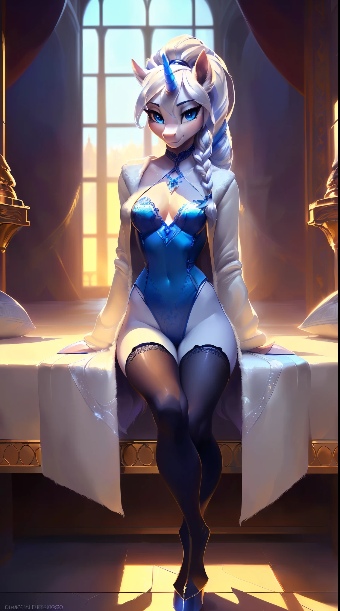 uploaded on e621, by Danomil, solo anthro, Elsa "Frozen", ((Portrait)), ((Wear blue lace mini dress), silk, (silk lingerie with fur), ((white fur coat)), (stylish stockings, silk stockings, tranclusent), (Detailed fur), (detailed skin), (Cinematic lighting), ((Detailed background, royal palace, royal bedroom)), (South kingdom, winter apartaments), (wooden palace), (half body shadow), [ambient light on the belly], [explict content], [sharp-focus], (shaded), (detailed Bonifasko lighting), ((Masterpiece), blue eyes, (long white braid), Fluffy pony, MLP, My Little Pony, (fluffy fur), fluffy tights, fluffy chest, furry fantasy art, anthro art, commission for high res, Furry art, pov furry art, Sakimichan is beautiful, Masterpiece, Best Quality, Detailed image, Detailed Face, perfect lighting, Perfect shadows, Perfect eyes, focus on girl, flawless face, gorgeous body, Hourglass body, (hooves in ankleboots), Fluffy, fluffy girl, Body fur, Animal nose, pony muzzle, Playful look, half closed eyes, 1girl, full body, Detailed fur, ((Long mane, pony tail)), Furry, anthro, (attractive body), looking at viewer, seductive gaze, seductive posing, perfect legs