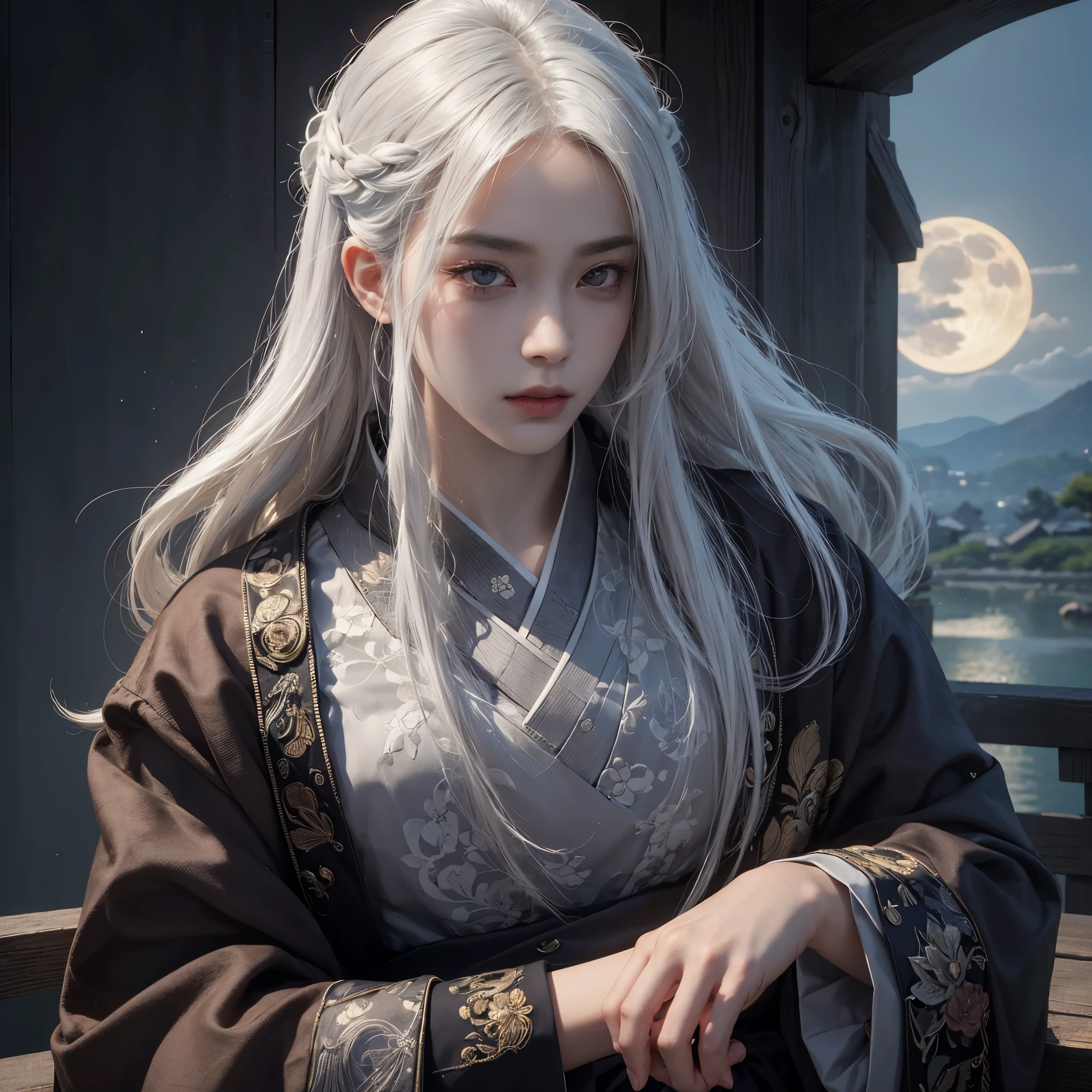 (RAW photo, highest quality), (realistic, photorealistic real: 1.3), highest quality, very detailed, masterpiece, Super detailed, figure,Upper body, One man,20th generation,long_white hair, gray eyes,Cool and seductive, evil_sight, Wearing white han clothes, and intricate details, and intricate details, fine eyes and detailed face, perfect eyes, Equal eyes, Fantastic Light and Shadow, Uses backlight and rim light,With background:illuminated by moonlight,Inspired by Japanese ukiyo-e