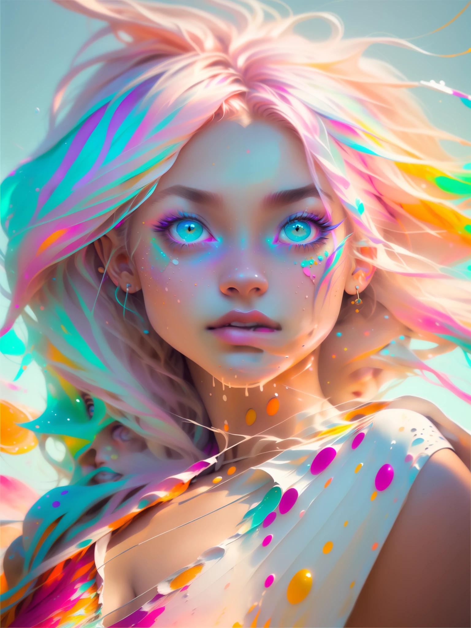 (((masterpiece))),(((best quality))),((ultra-detailed)),(illustration),(dynamic angle), ((floating)),(paint),((disheveled hair)), (solo),(1girl), ((small_breasts)), (((detailed anima face))),((beautiful detailed face)),collar,bare shoulders, white hair, ((colorful hair)),((streaked hair)), beautiful detailed eyes,(Gradient color eyes),(((colorful eyes))), (((colorful background))),(((high saturation))),(((surrounded by colorful splashes))),(((surrounded by colorful dot))),colorful bubble,((shining))