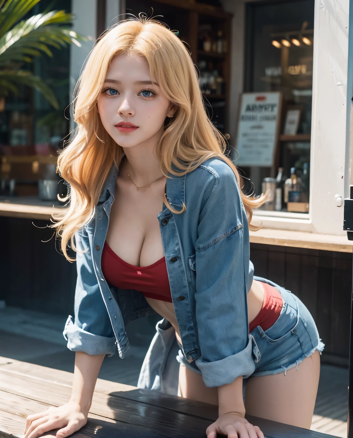 1girl, Blue eyes, (smile), (Sana Minatozaki), (wide hips), Big , (big ass), (Best Quality, 8k, Masterpiece: 1.3), perfect hands, Clear Focus: 1.2, Perfect Body Beauty: 1.4, strong abs :1.2, Highly detailed face and skin texture, detailed eyes, double eyelids, (blonde long hair), (red cleavage t-shirt :1.2), (denim shorts), standing, (leaning on a table :1.3), in an open-air bar, next to the street