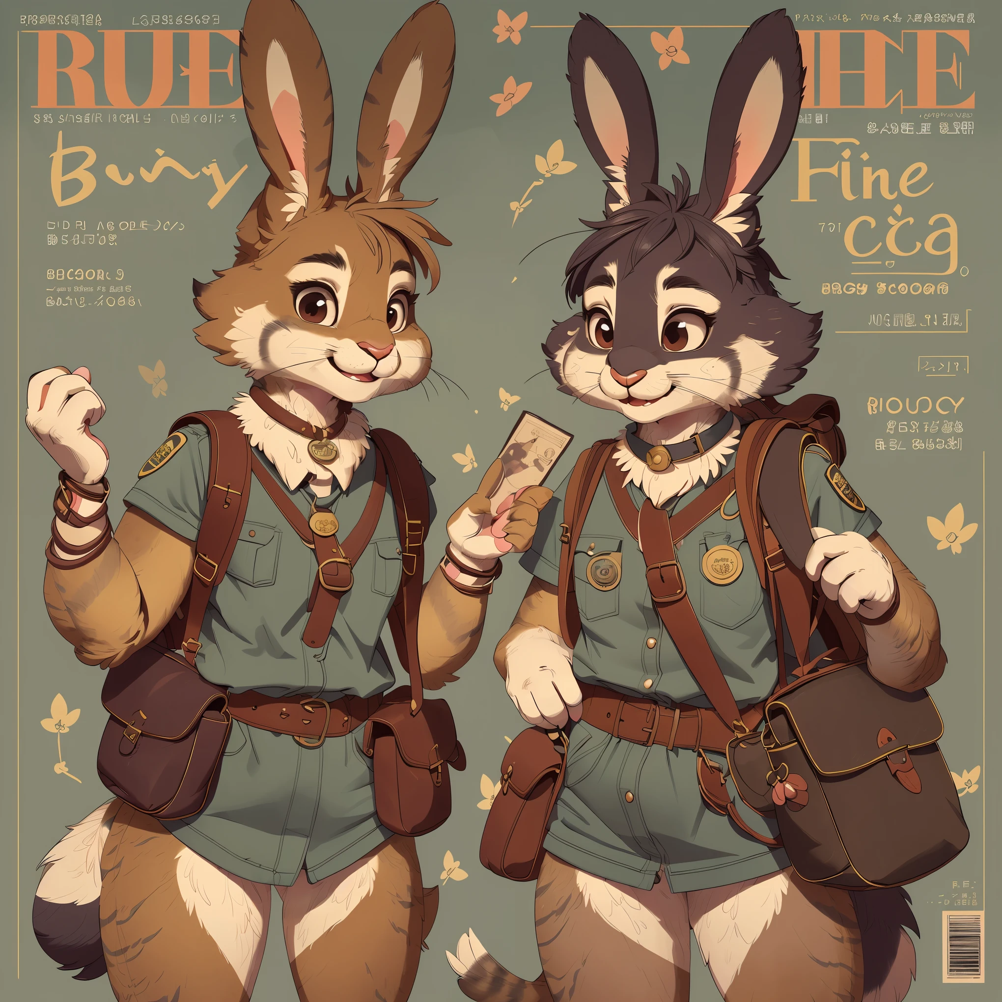 super fine illustration, best quality, magazine cover, upper body, contrapposto, backpack, badge, bag, bag charm, bookbag, handbag, pocket, pouch(Highly Detailed Beautiful Face and Eyes) absurdres, Perfect Anatomy((furry girl))(((furry)))(furry anthro:1.7)((rabbit Facial Features, rabbit Body Features))((rabbit ears, Highly Detailed Body Fur))joyful smile,