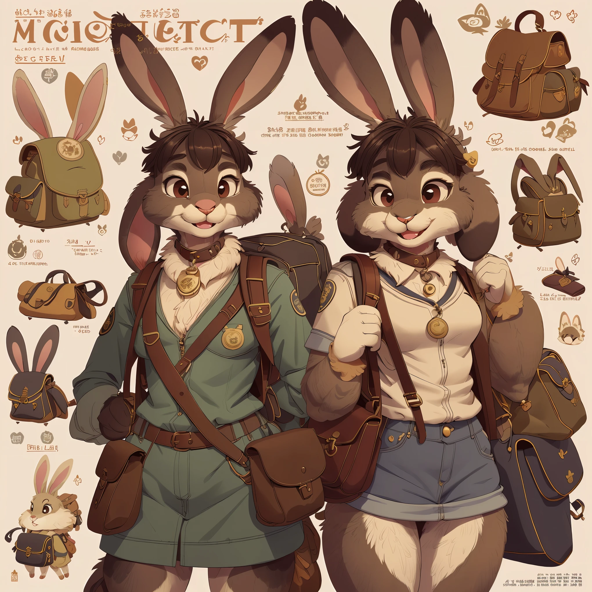 super fine illustration, best quality, magazine cover, upper body, contrapposto, backpack, badge, bag, bag charm, bookbag, handbag, pocket, pouch(Highly Detailed Beautiful Face and Eyes) absurdres, Perfect Anatomy((furry girl))(((furry)))(furry anthro:1.7)((rabbit Facial Features, rabbit Body Features))((rabbit ears, Highly Detailed Body Fur))joyful smile,