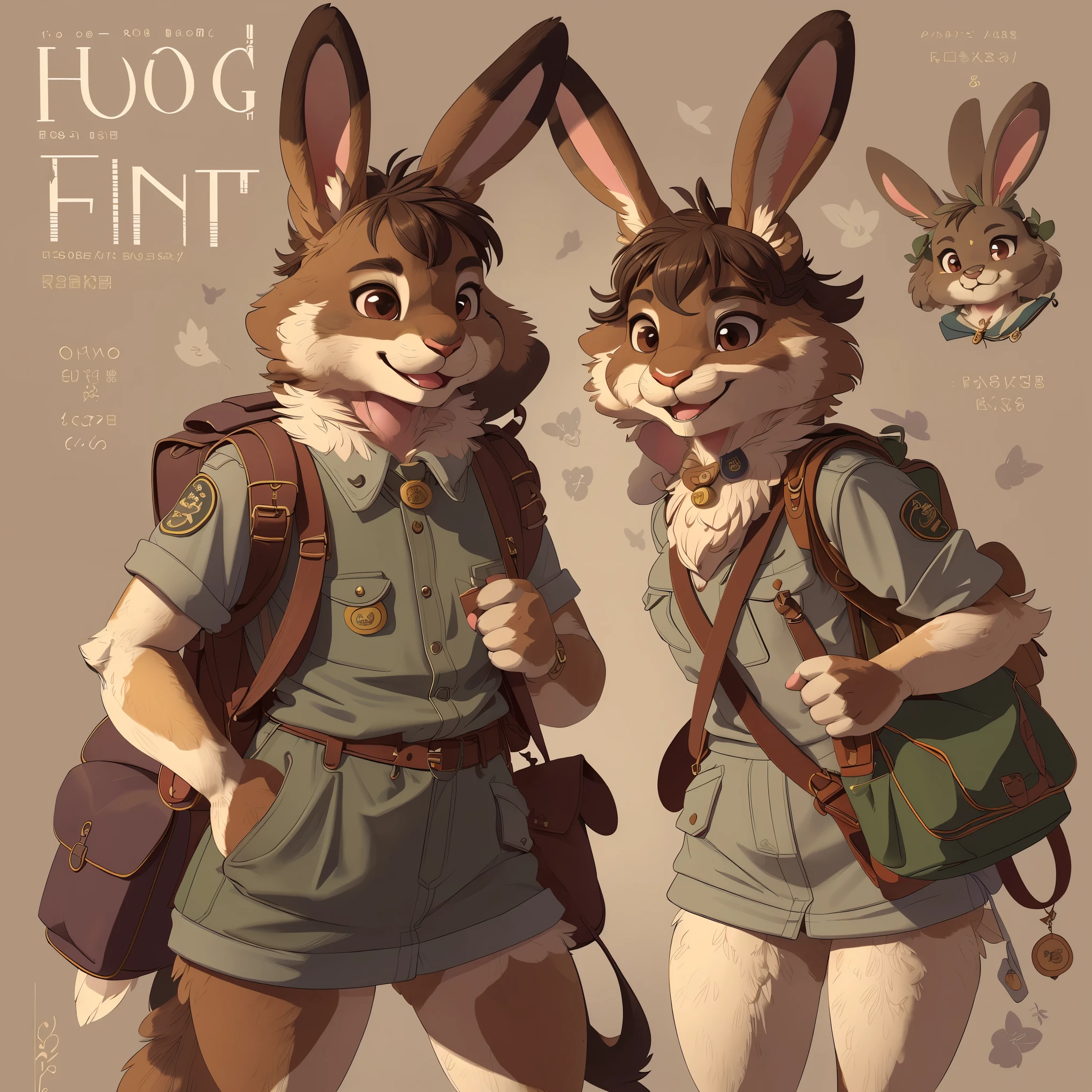 super fine illustration, best quality, magazine cover, upper body, contrapposto, backpack, badge, bag, bag charm, bookbag, handbag, pocket, pouch(Highly Detailed Beautiful Face and Eyes) absurdres, Perfect Anatomy((furry girl))(((furry)))(furry anthro:1.7)((rabbit Facial Features, rabbit Body Features))((rabbit ears, Highly Detailed Body Fur))joyful smile,