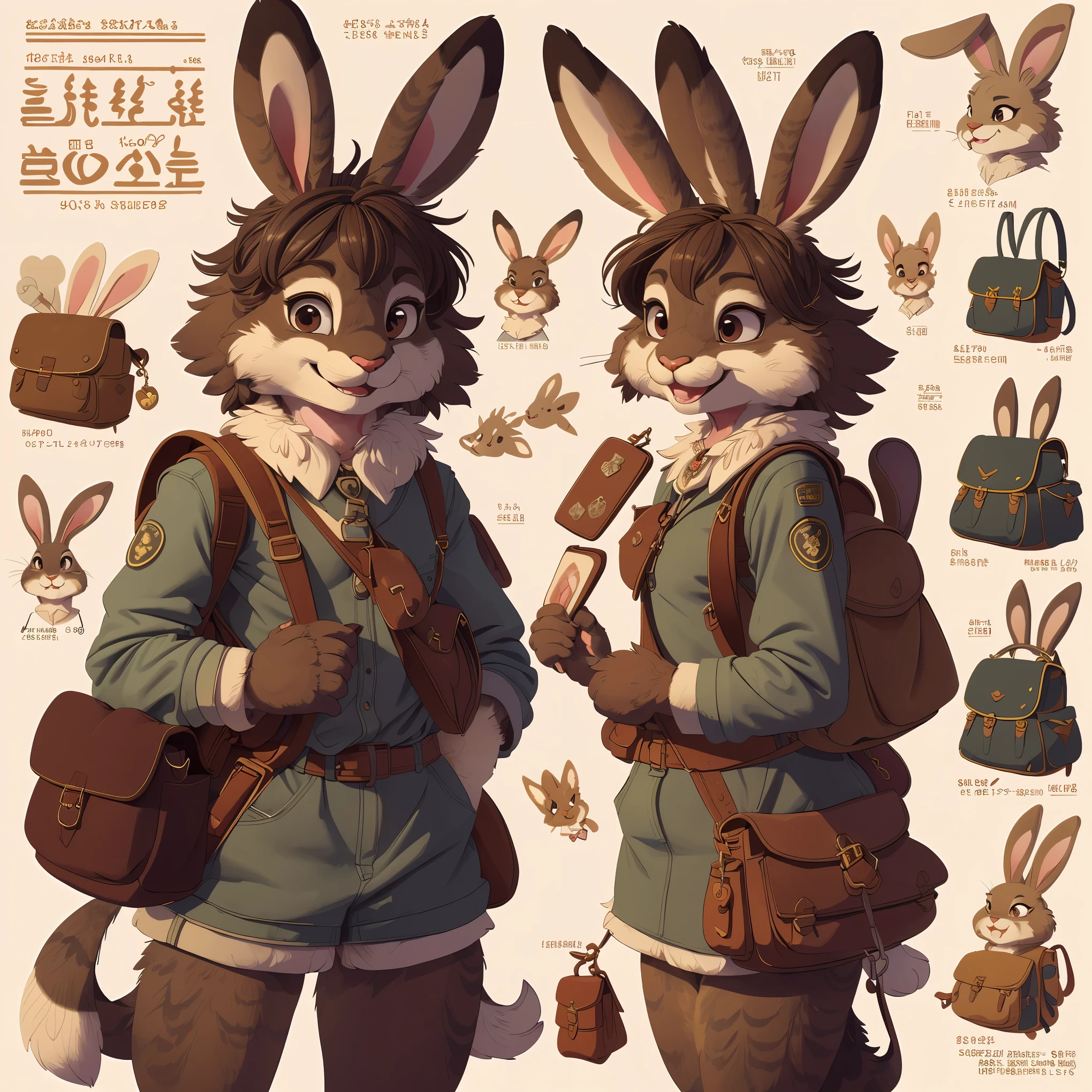 super fine illustration, best quality, magazine cover, upper body, contrapposto, backpack, badge, bag, bag charm, bookbag, handbag, pocket, pouch(Highly Detailed Beautiful Face and Eyes) absurdres, Perfect Anatomy((furry girl))(((furry)))(furry anthro:1.7)((rabbit Facial Features, rabbit Body Features))((rabbit ears, Highly Detailed Body Fur))joyful smile,