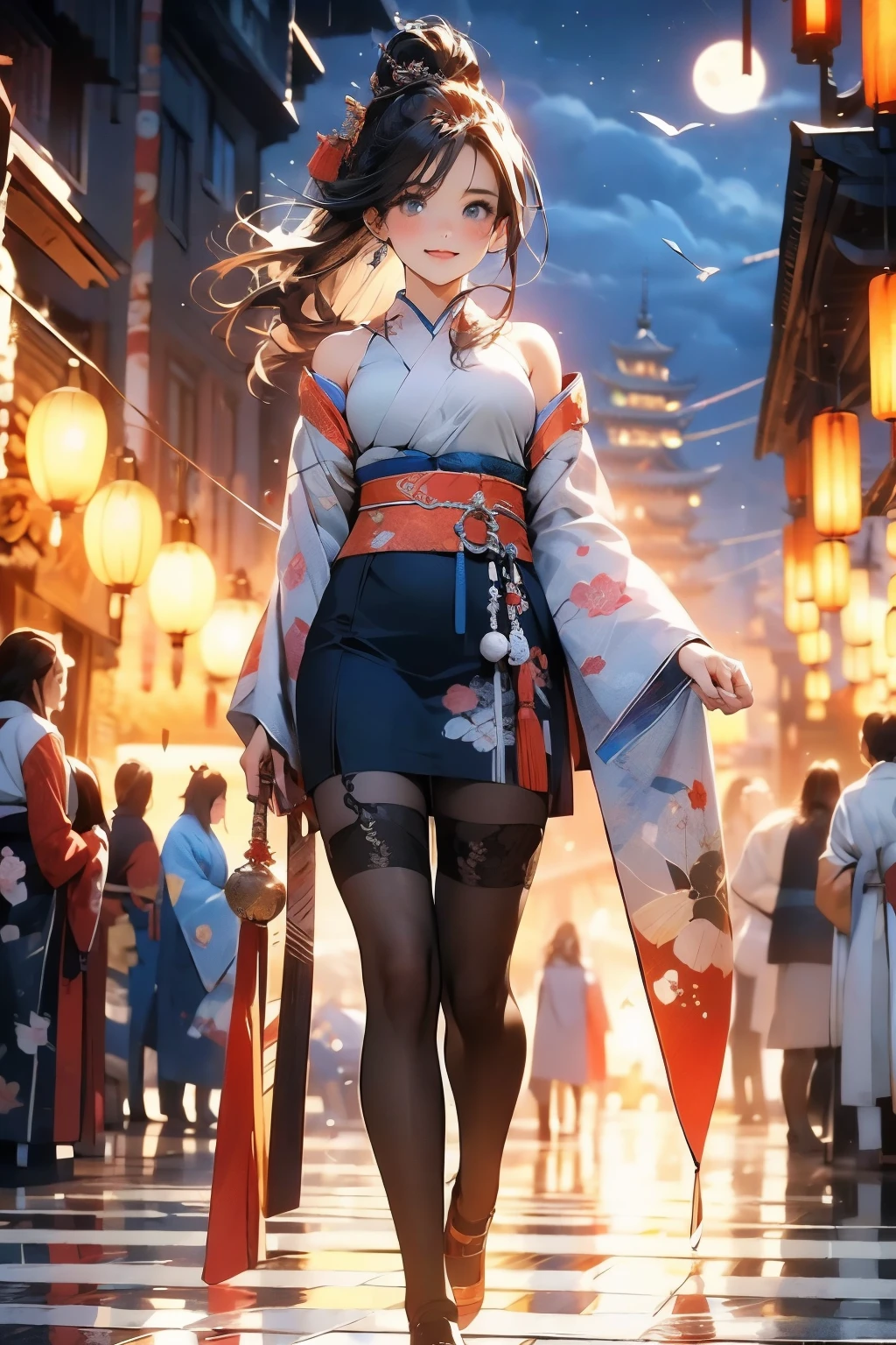 (official art、best quality、Unity 8K Wallpaper、32k、masterpiece、Super detailed、ultra high resolution、actual、Realism:1.2)、(light:1.2)、fire glow effect、film particles、best light and shadow、edge lighting、side lights、(Super detailed且复杂的 3D 渲染)、Exquisite and beautiful face,blue eyes,reddish brown hair,medium breasts, Perfect body,Smile,(Super delicate skin、Detailed skin texture:1.3, blush:1.2)、see whole body,looking into camera, Anime CG style, ((Red low-cut Hanfu,Show chest,bare shoulders,Black tights)), Hot springs,Deep mountain hot spring, (wind blows hair,bare shoulders,exposing her chest,Black tights) , night time,full moon snowing