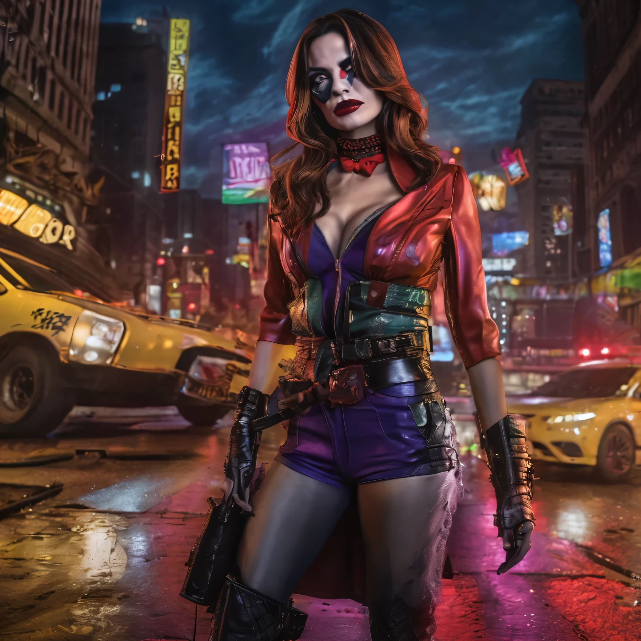 (complex two subjects) best quality,4k,8k,highres,masterpiece:1.2),ultra-detailed,(realistic,photorealistic,photo-realistic:1.37),(Sofía Vergara as the sexy Joker. With her alluring charm, she embodies the mischievousness and playfulness of the character. Her eyes captivate with their mesmerizing gaze, drawing you into her world. Her detailed lips, slightly parted in a seductive smile, add to her allure. (Sofia has Iconic Joker makeup, iconic Joker hair dye, and insane sexy hair))(subject 2), Kelly Hu takes on the role of Harley Quinn, exuding a distinct sense of craziness and mischief. She flirts with danger and steals the spotlight with her flirtatious expressions and exaggerated gestures. (Not identical makeup to Sofia),Her vibrant makeup and colorful hair reflect the colorful chaos that surrounds her. The scene is set in the immersive world of Gotham City, with its dark and brooding atmosphere. The city skyline, illuminated by the neon lights of the Joker's antics, creates a haunting backdrop. Both characters are armed with Joker weapons, showcasing their dangerous and unpredictable nature. Sofía Vergara wields an intricately designed weapon, showcasing her power and control. Kelly Hu's weapon complements her wild and unpredictable personality, adding an extra touch of chaos to the scene. The color palette leans towards vibrant and bold hues, reflecting the flamboyant and larger-than-life personalities of the characters. The lighting is dramatic, casting shadows and highlighting the characters' features, adding depth and intensity to the scene. The resulting image is a high-quality masterpiece that captures the essence of these two iconic characters, bringing them to life in a visually stunning and immersive way. (show both women, full body shot, head to toe)