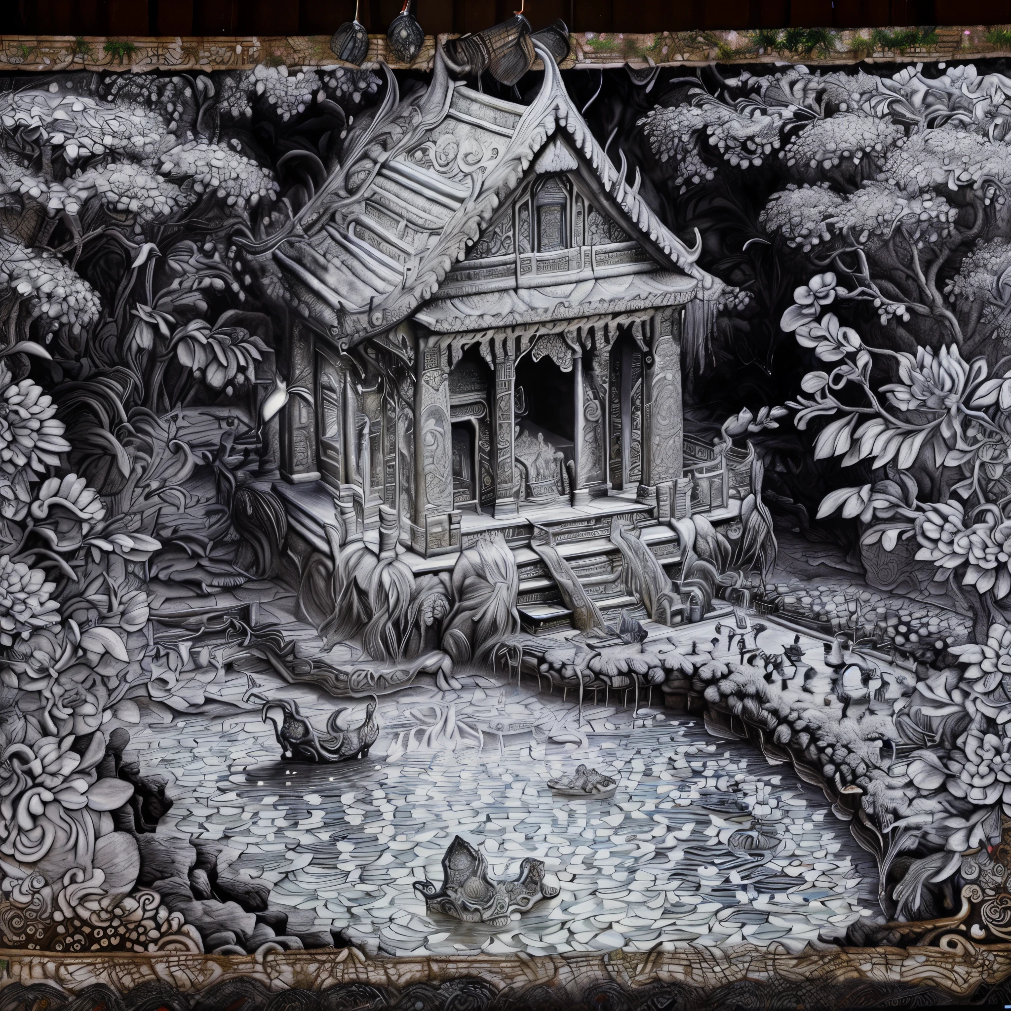 arafed drawing of a garden with people and a house, ultradetailed mural, thailand art, street art:2 highly detailed, stunning artwork, very detailed art, intricate mural, intricate charcoal illustration, highly detailed dark art, vietnamese temple scene, extremely detailed art, submerged temple ritual scene, very intricate art, highly detailed 3 d art, unique and intricate painting