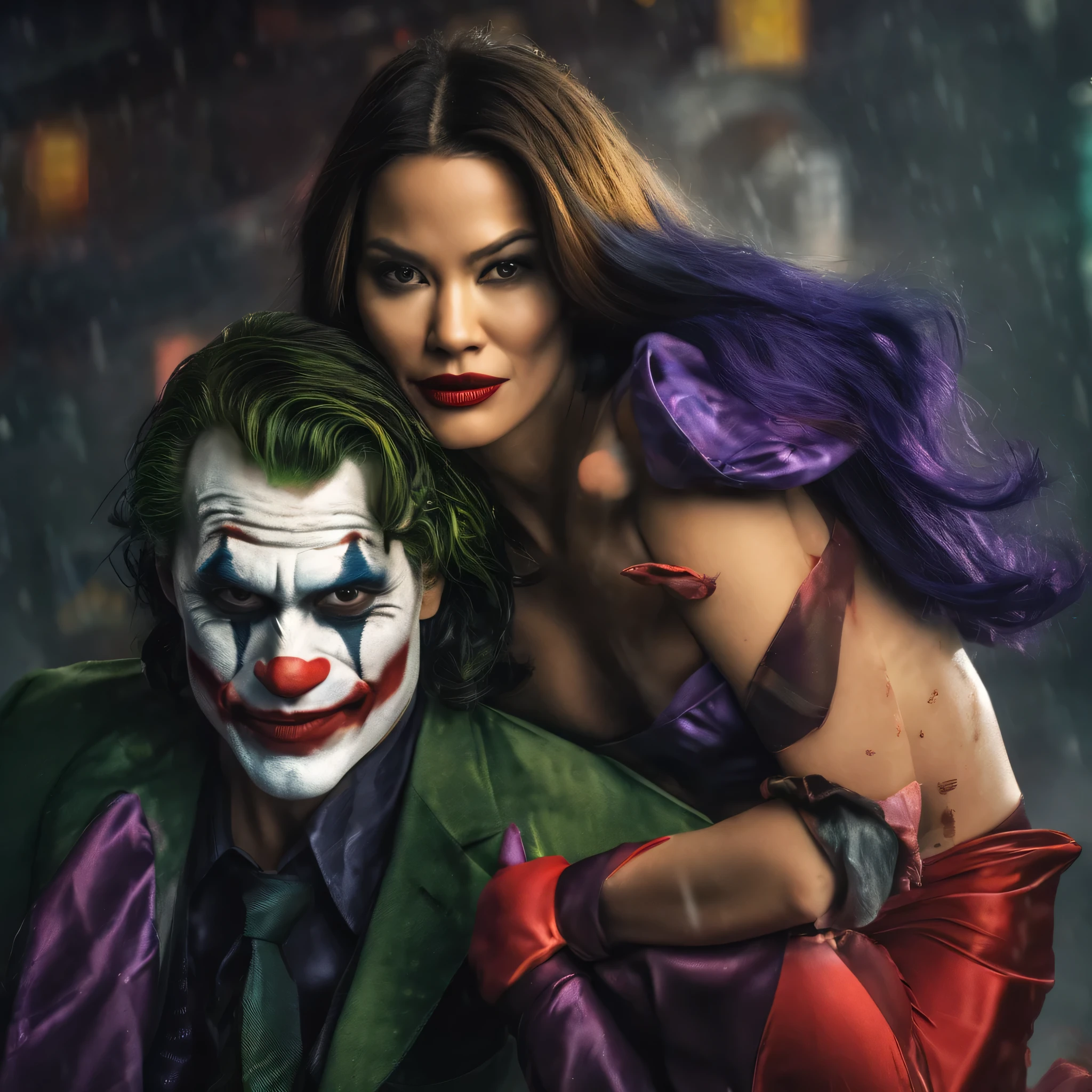 (complex two subjects) best quality,4k,8k,highres,masterpiece:1.2),ultra-detailed,(realistic,photorealistic,photo-realistic:1.37),(Sofía Vergara as the sexy Joker. With her alluring charm, she embodies the mischievousness and playfulness of the character. Her eyes captivate with their mesmerizing gaze, drawing you into her world. Her detailed lips, slightly parted in a seductive smile, add to her allure. (Sofia has Iconic Joker makeup, iconic Joker hair dye, and insane sexy hair))(subject 2), Kelly Hu takes on the role of Harley Quinn, exuding a distinct sense of craziness and mischief. She flirts with danger and steals the spotlight with her flirtatious expressions and exaggerated gestures. (Not identical makeup to Sofia),Her vibrant makeup and colorful hair reflect the colorful chaos that surrounds her. The scene is set in the immersive world of Gotham City, with its dark and brooding atmosphere. The city skyline, illuminated by the neon lights of the Joker's antics, creates a haunting backdrop. Both characters are armed with Joker weapons, showcasing their dangerous and unpredictable nature. Sofía Vergara wields an intricately designed weapon, showcasing her power and control. Kelly Hu's weapon complements her wild and unpredictable personality, adding an extra touch of chaos to the scene. The color palette leans towards vibrant and bold hues, reflecting the flamboyant and larger-than-life personalities of the characters. The lighting is dramatic, casting shadows and highlighting the characters' features, adding depth and intensity to the scene. The resulting image is a high-quality masterpiece that captures the essence of these two iconic characters, bringing them to life in a visually stunning and immersive way. (show both women, full body shot, head to toe)