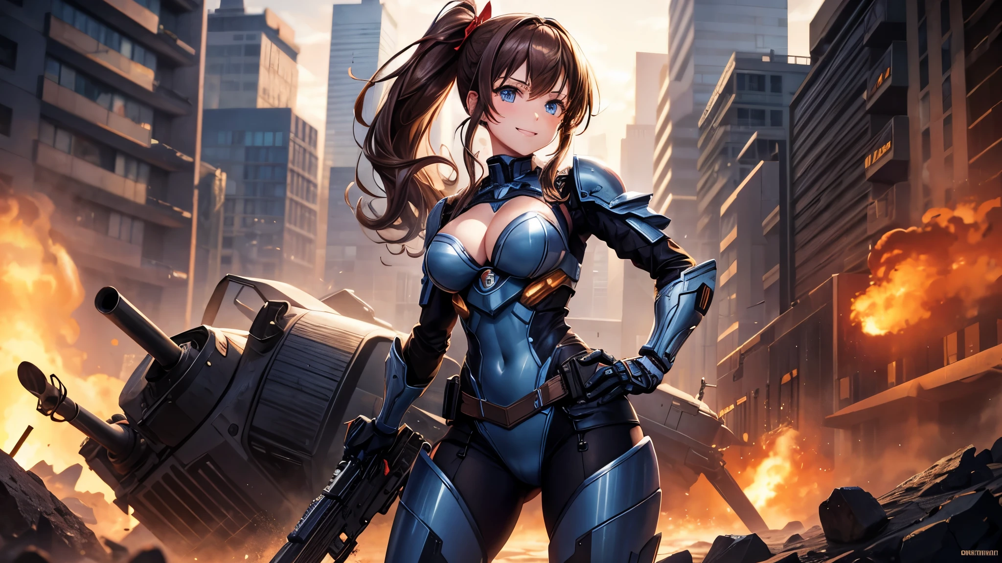 1girl, solo, brown hair, long hair, curly hair, ponytail, large breasts, bikini armor, metal suit, robotic, blue eyes, cleavage 1:3, war, guns, tanks, fire, explosion, aircraft, smile, looking at the viewer, hand on hip, standng, hair ribbon