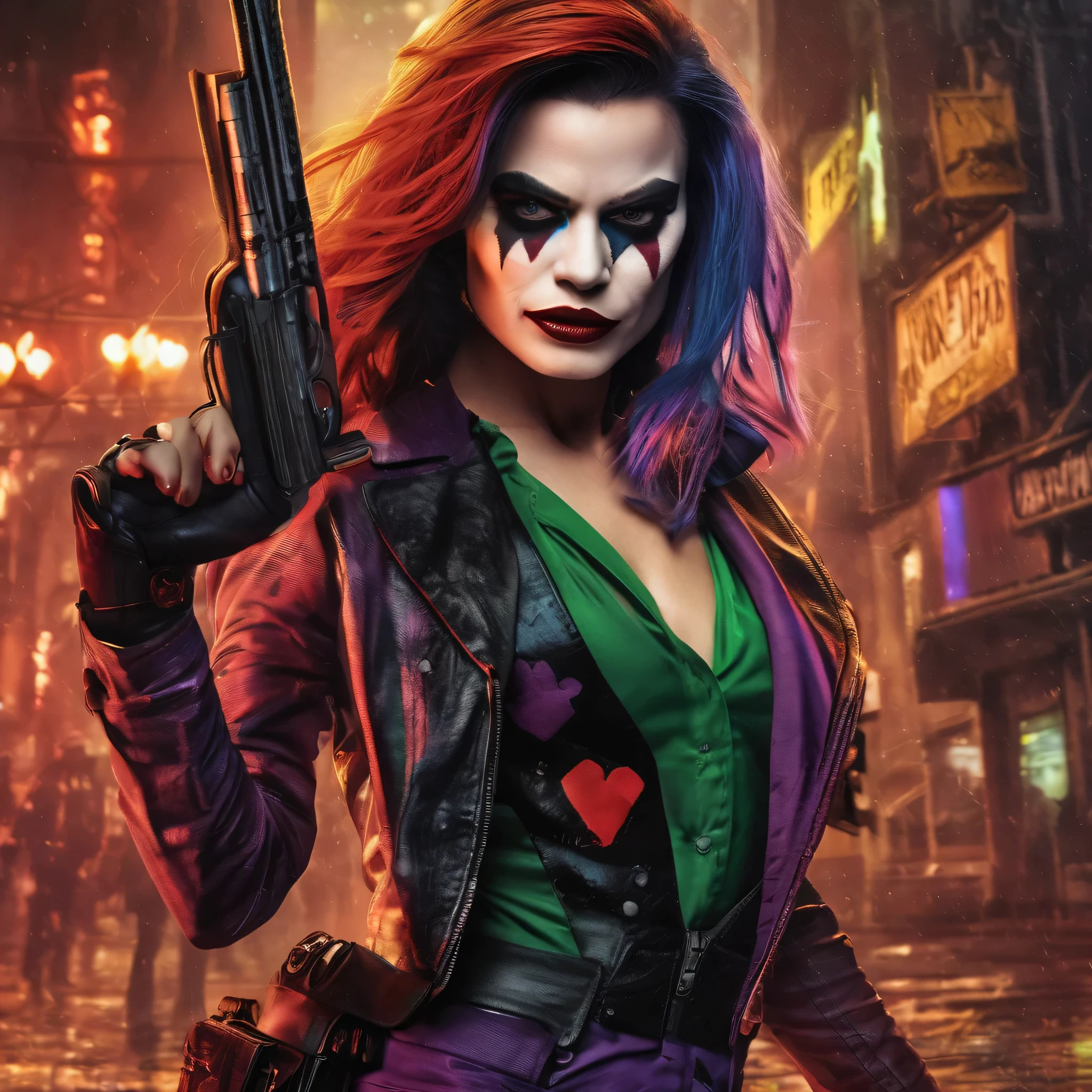 (complex two subjects) best quality,4k,8k,highres,masterpiece:1.2),ultra-detailed,(realistic,photorealistic,photo-realistic:1.37),(Sofía Vergara as the sexy Joker. With her alluring charm, she embodies the mischievousness and playfulness of the character. Her eyes captivate with their mesmerizing gaze, drawing you into her world. Her detailed lips, slightly parted in a seductive smile, add to her allure. (Sofia has Iconic Joker makeup, iconic Joker hair dye, and insane sexy hair))(subject 2), Kelly Hu takes on the role of Harley Quinn, exuding a distinct sense of craziness and mischief. She flirts with danger and steals the spotlight with her flirtatious expressions and exaggerated gestures. (Not identical makeup to Sofia),Her vibrant makeup and colorful hair reflect the colorful chaos that surrounds her. The scene is set in the immersive world of Gotham City, with its dark and brooding atmosphere. The city skyline, illuminated by the neon lights of the Joker's antics, creates a haunting backdrop. Both characters are armed with Joker weapons, showcasing their dangerous and unpredictable nature. Sofía Vergara wields an intricately designed weapon, showcasing her power and control. Kelly Hu's weapon complements her wild and unpredictable personality, adding an extra touch of chaos to the scene. The color palette leans towards vibrant and bold hues, reflecting the flamboyant and larger-than-life personalities of the characters. The lighting is dramatic, casting shadows and highlighting the characters' features, adding depth and intensity to the scene. The resulting image is a high-quality masterpiece that captures the essence of these two iconic characters, bringing them to life in a visually stunning and immersive way. (show both women, full body shot, head to toe)