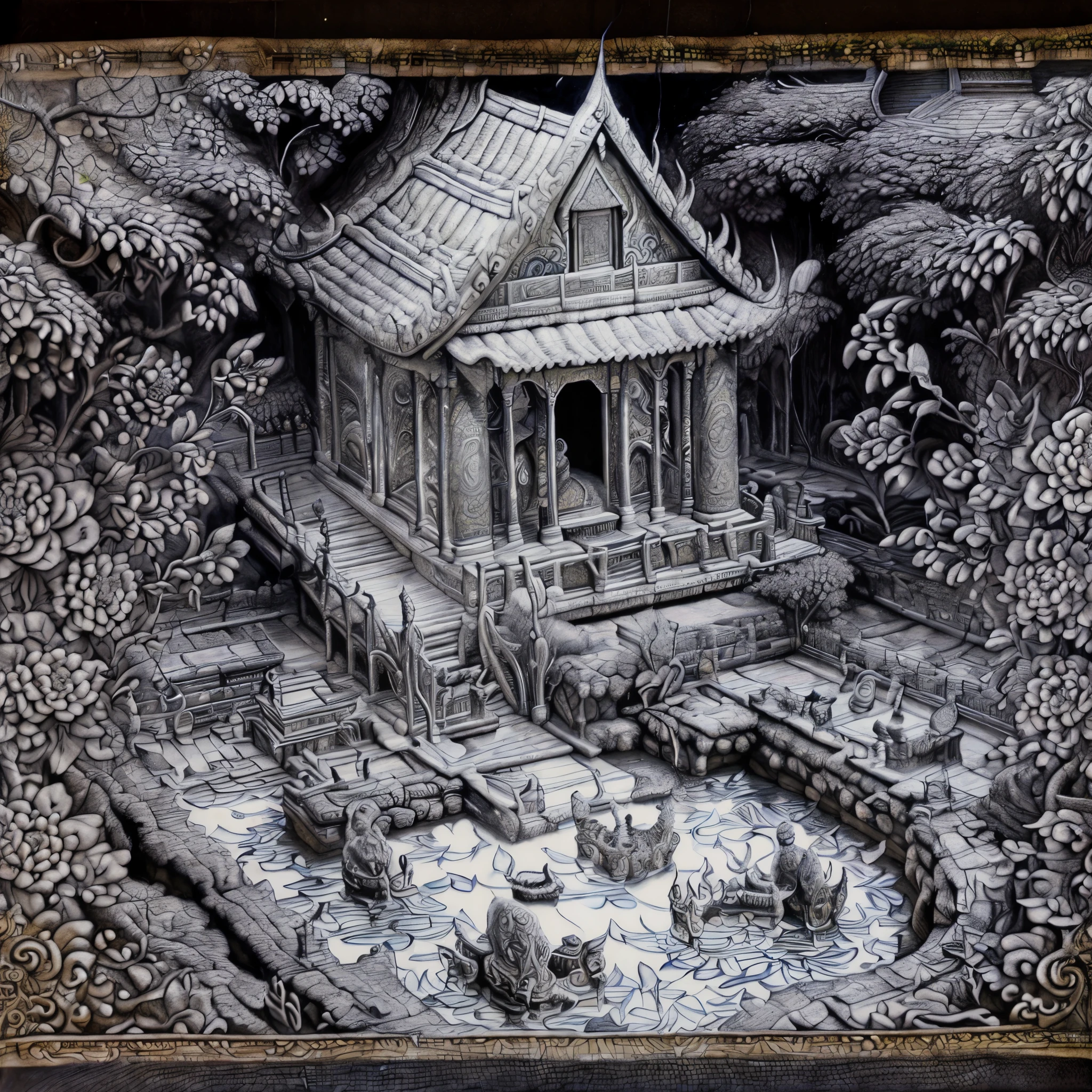 arafed drawing of a garden with people and a house, ultradetailed mural, thailand art, street art:2 highly detailed, stunning artwork, very detailed art, intricate mural, intricate charcoal illustration, highly detailed dark art, vietnamese temple scene, extremely detailed art, submerged temple ritual scene, very intricate art, highly detailed 3 d art, unique and intricate painting
