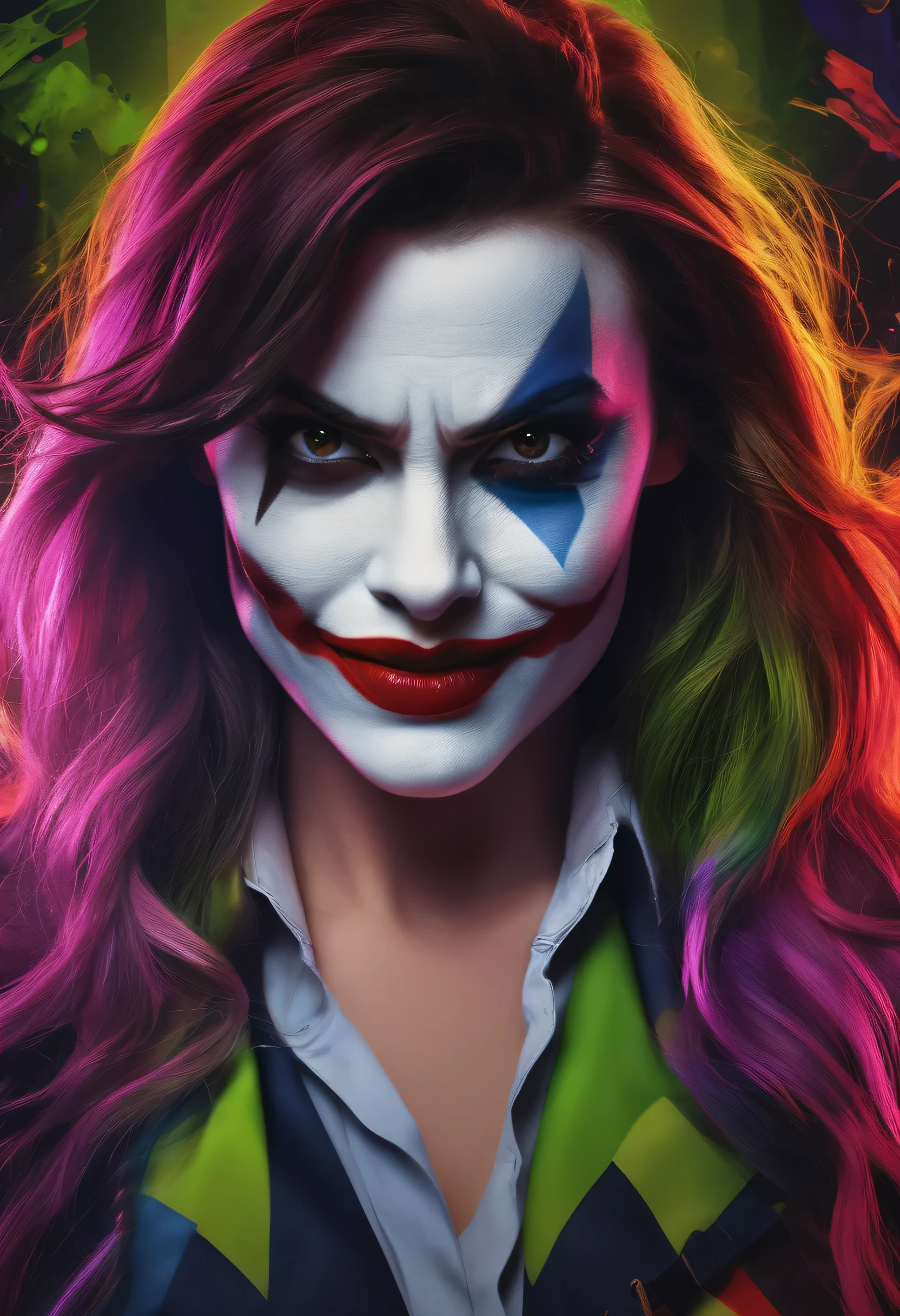 (complex two subjects) best quality,4k,8k,highres,masterpiece:1.2),ultra-detailed,(realistic,photorealistic,photo-realistic:1.37),(Sofía Vergara as the sexy Joker. With her alluring charm, she embodies the mischievousness and playfulness of the character. Her eyes captivate with their mesmerizing gaze, drawing you into her world. Her detailed lips, slightly parted in a seductive smile, add to her allure. (Sofia has Iconic Joker makeup, iconic Joker hair dye, and insane sexy hair))(subject 2), Kelly Hu takes on the role of Harley Quinn, exuding a distinct sense of craziness and mischief. She flirts with danger and steals the spotlight with her flirtatious expressions and exaggerated gestures. (Not identical makeup to Sofia),Her vibrant makeup and colorful hair reflect the colorful chaos that surrounds her. The scene is set in the immersive world of Gotham City, with its dark and brooding atmosphere. The city skyline, illuminated by the neon lights of the Joker's antics, creates a haunting backdrop. Both characters are armed with Joker weapons, showcasing their dangerous and unpredictable nature. Sofía Vergara wields an intricately designed weapon, showcasing her power and control. Kelly Hu's weapon complements her wild and unpredictable personality, adding an extra touch of chaos to the scene. The color palette leans towards vibrant and bold hues, reflecting the flamboyant and larger-than-life personalities of the characters. The lighting is dramatic, casting shadows and highlighting the characters' features, adding depth and intensity to the scene. The resulting image is a high-quality masterpiece that captures the essence of these two iconic characters, bringing them to life in a visually stunning and immersive way. (show both women, full body shot, head to toe)