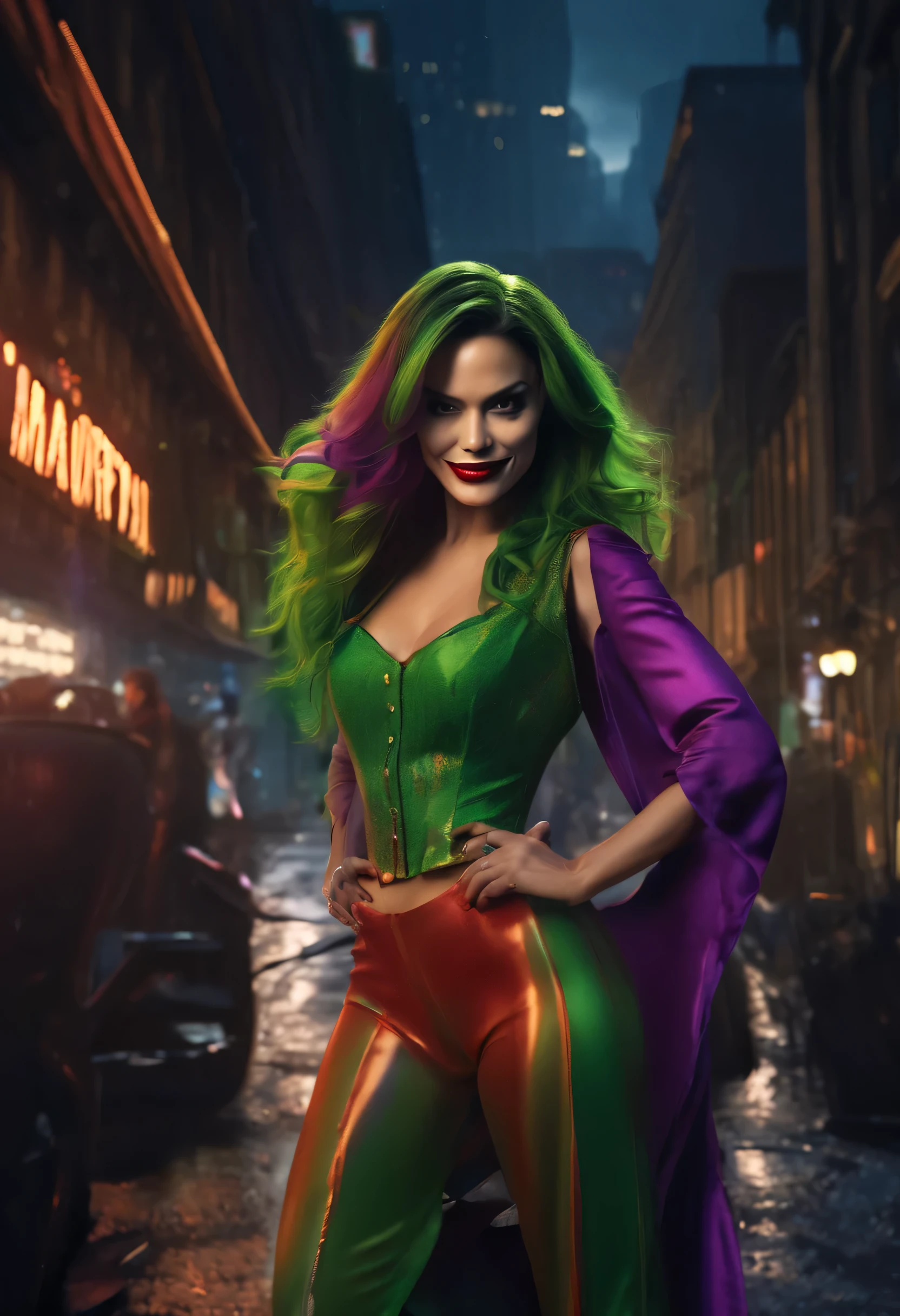 (complex two subjects) best quality,4k,8k,highres,masterpiece:1.2),ultra-detailed,(realistic,photorealistic,photo-realistic:1.37),(Sofía Vergara as the sexy Joker. With her alluring charm, she embodies the mischievousness and playfulness of the character. Her eyes captivate with their mesmerizing gaze, drawing you into her world. Her detailed lips, slightly parted in a seductive smile, add to her allure. (Sofia has Iconic Joker makeup, iconic Joker hair dye, and insane sexy hair))(subject 2), Kelly Hu takes on the role of Harley Quinn, exuding a distinct sense of craziness and mischief. She flirts with danger and steals the spotlight with her flirtatious expressions and exaggerated gestures. (Not identical makeup to Sofia),Her vibrant makeup and colorful hair reflect the colorful chaos that surrounds her. The scene is set in the immersive world of Gotham City, with its dark and brooding atmosphere. The city skyline, illuminated by the neon lights of the Joker's antics, creates a haunting backdrop. Both characters are armed with Joker weapons, showcasing their dangerous and unpredictable nature. Sofía Vergara wields an intricately designed weapon, showcasing her power and control. Kelly Hu's weapon complements her wild and unpredictable personality, adding an extra touch of chaos to the scene. The color palette leans towards vibrant and bold hues, reflecting the flamboyant and larger-than-life personalities of the characters. The lighting is dramatic, casting shadows and highlighting the characters' features, adding depth and intensity to the scene. The resulting image is a high-quality masterpiece that captures the essence of these two iconic characters, bringing them to life in a visually stunning and immersive way. (show both women, full body shot, head to toe)