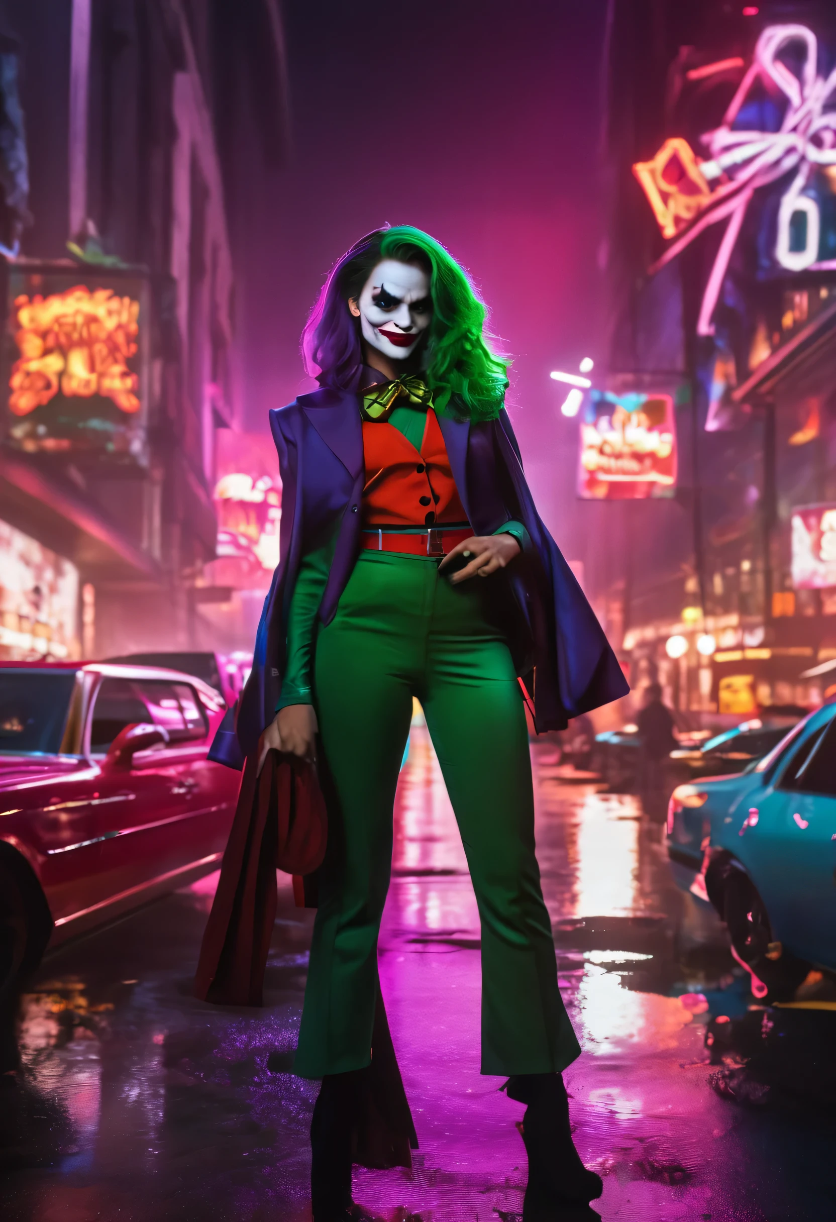 (complex two subjects) best quality,4k,8k,highres,masterpiece:1.2),ultra-detailed,(realistic,photorealistic,photo-realistic:1.37),(Sofía Vergara as the sexy Joker. With her alluring charm, she embodies the mischievousness and playfulness of the character. Her eyes captivate with their mesmerizing gaze, drawing you into her world. Her detailed lips, slightly parted in a seductive smile, add to her allure. (Sofia has Iconic Joker makeup, iconic Joker hair dye, and insane sexy hair))(subject 2), Kelly Hu takes on the role of Harley Quinn, exuding a distinct sense of craziness and mischief. She flirts with danger and steals the spotlight with her flirtatious expressions and exaggerated gestures. (Not identical makeup to Sofia),Her vibrant makeup and colorful hair reflect the colorful chaos that surrounds her. The scene is set in the immersive world of Gotham City, with its dark and brooding atmosphere. The city skyline, illuminated by the neon lights of the Joker's antics, creates a haunting backdrop. Both characters are armed with Joker weapons, showcasing their dangerous and unpredictable nature. Sofía Vergara wields an intricately designed weapon, showcasing her power and control. Kelly Hu's weapon complements her wild and unpredictable personality, adding an extra touch of chaos to the scene. The color palette leans towards vibrant and bold hues, reflecting the flamboyant and larger-than-life personalities of the characters. The lighting is dramatic, casting shadows and highlighting the characters' features, adding depth and intensity to the scene. The resulting image is a high-quality masterpiece that captures the essence of these two iconic characters, bringing them to life in a visually stunning and immersive way. (show both women, full body shot, head to toe)