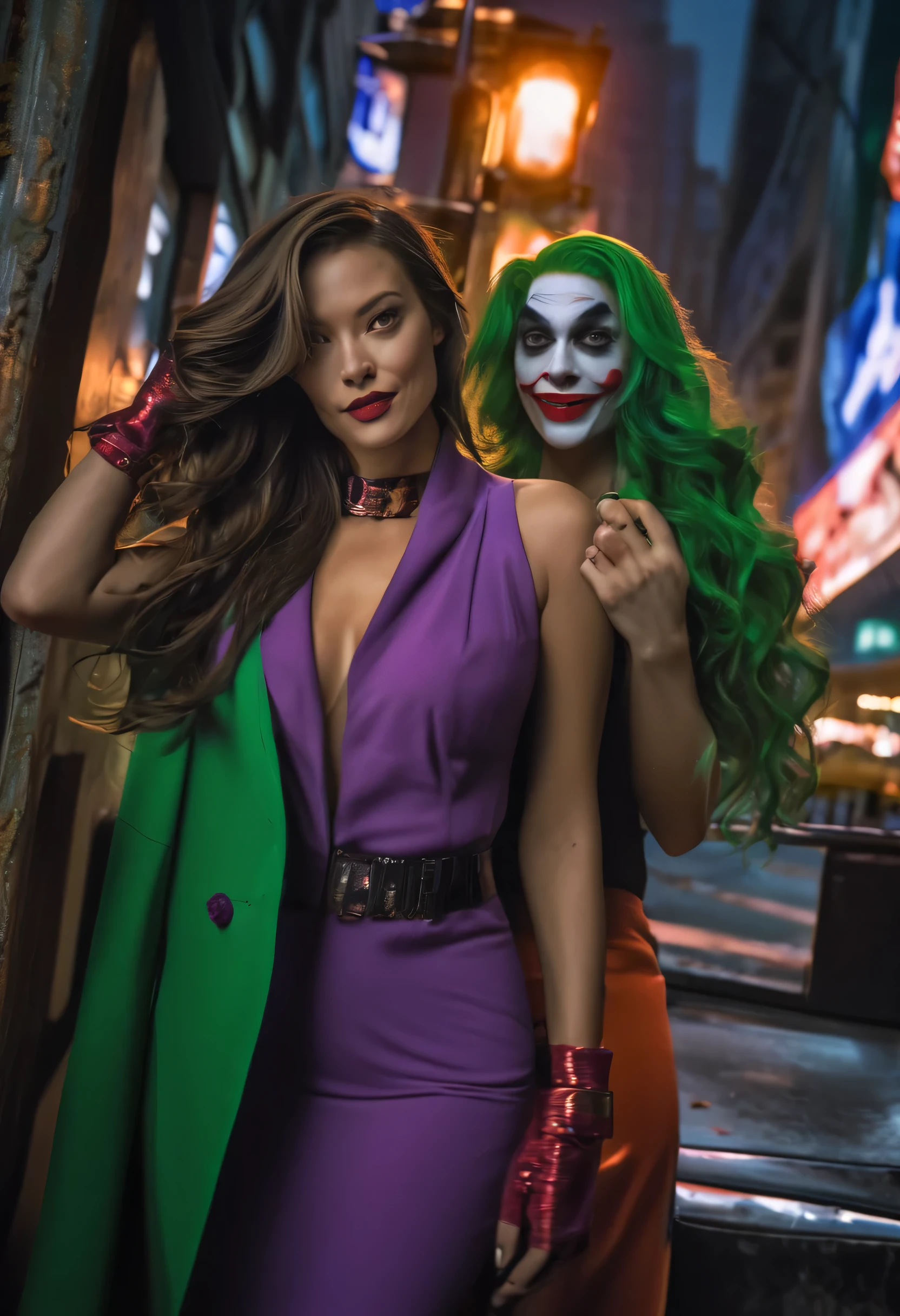 (complex two subjects) best quality,4k,8k,highres,masterpiece:1.2),ultra-detailed,(realistic,photorealistic,photo-realistic:1.37),(Sofía Vergara as the sexy Joker. With her alluring charm, she embodies the mischievousness and playfulness of the character. Her eyes captivate with their mesmerizing gaze, drawing you into her world. Her detailed lips, slightly parted in a seductive smile, add to her allure. (Sofia has Iconic Joker makeup, iconic Joker hair dye, and insane sexy hair))(subject 2), Kelly Hu takes on the role of Harley Quinn, exuding a distinct sense of craziness and mischief. She flirts with danger and steals the spotlight with her flirtatious expressions and exaggerated gestures. (Not identical makeup to Sofia),Her vibrant makeup and colorful hair reflect the colorful chaos that surrounds her. The scene is set in the immersive world of Gotham City, with its dark and brooding atmosphere. The city skyline, illuminated by the neon lights of the Joker's antics, creates a haunting backdrop. Both characters are armed with Joker weapons, showcasing their dangerous and unpredictable nature. Sofía Vergara wields an intricately designed weapon, showcasing her power and control. Kelly Hu's weapon complements her wild and unpredictable personality, adding an extra touch of chaos to the scene. The color palette leans towards vibrant and bold hues, reflecting the flamboyant and larger-than-life personalities of the characters. The lighting is dramatic, casting shadows and highlighting the characters' features, adding depth and intensity to the scene. The resulting image is a high-quality masterpiece that captures the essence of these two iconic characters, bringing them to life in a visually stunning and immersive way. (show both women, full body shot, head to toe)
