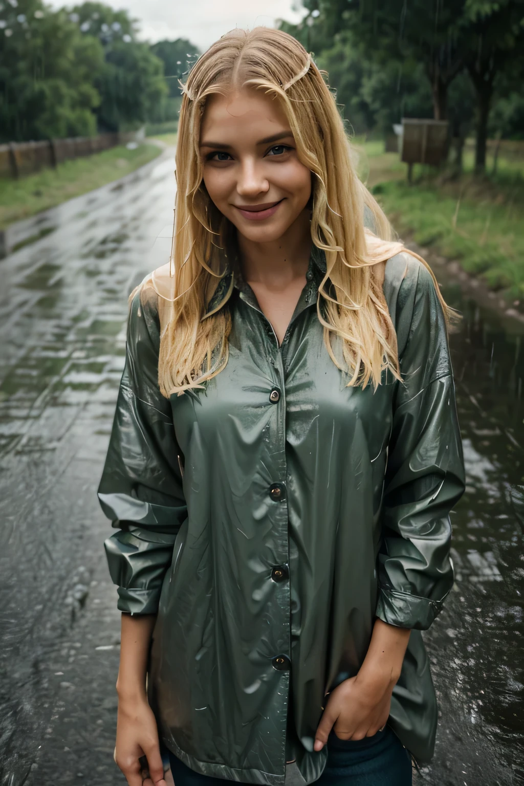model, country road, rain, blonde hair, wet hair, evil smile, drop shadow, 4K