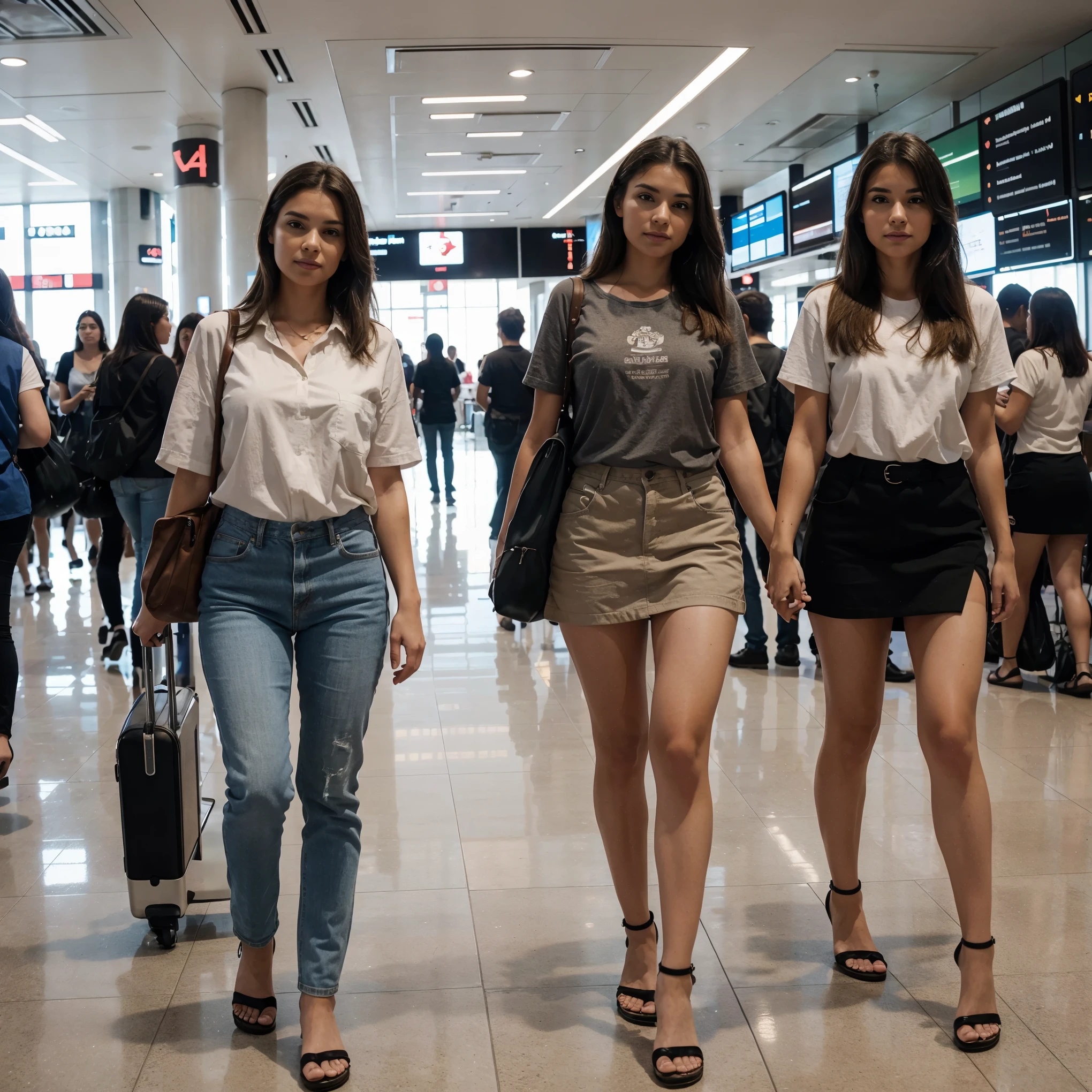 The image shows a scene in an airport with many very beautiful female travelers of all ages walking back and forth, award winning, best quality, highres, 16k, high quality, anatomically correct, masterpiece