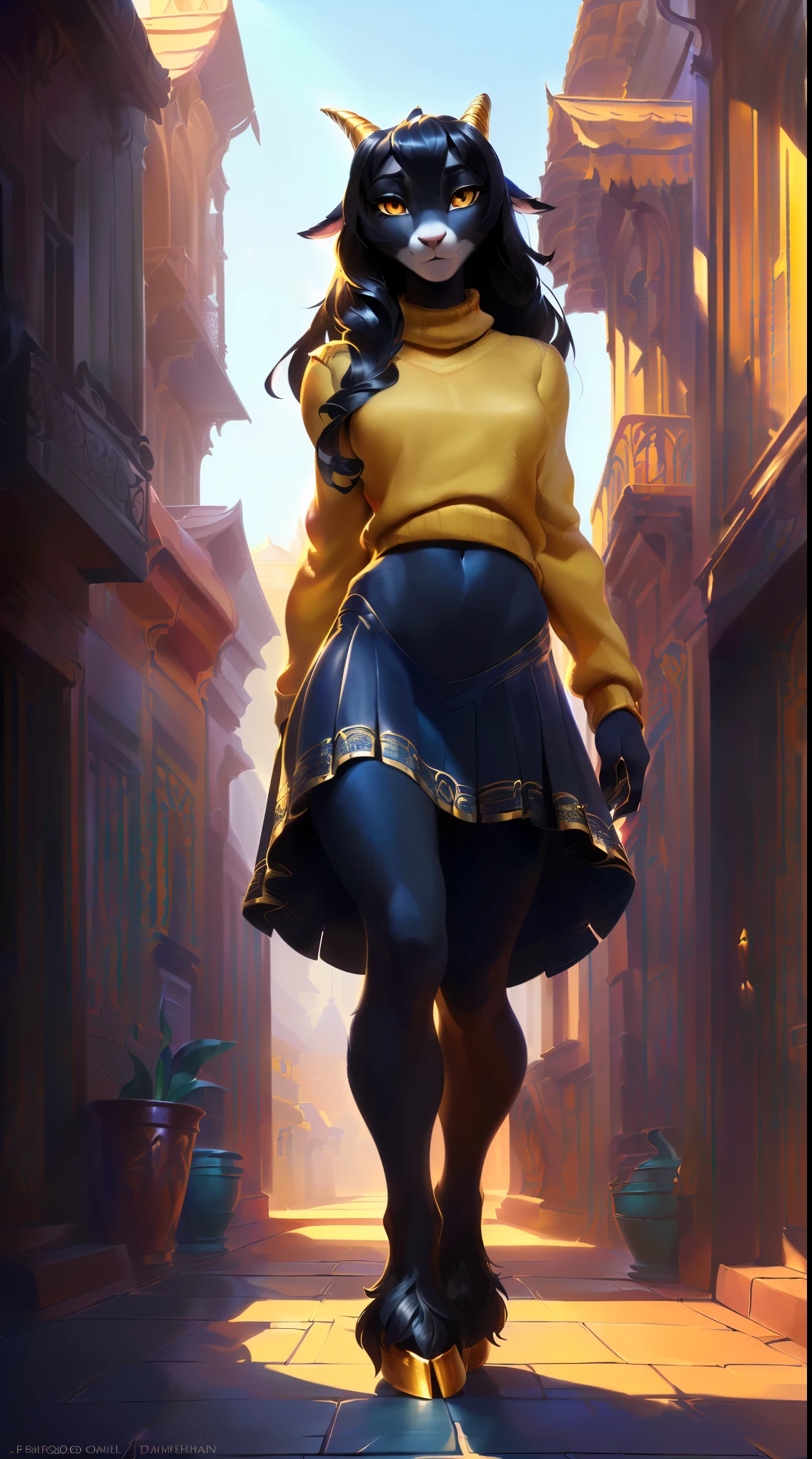 uploaded on e621, by Danomil, solo anthro, (Portrait), ((Wear yellow sweater, jeans skirt), ((The gypsy)), (Detailed fur), (detailed skin), (Cinematic lighting), ((Detailed background, american street)), (half body shadow), [ambient light on the belly], [explict content], [sharp-focus], (shaded), (detailed Bonifasko lighting), ((Masterpiece), golden eyes, goat eyes, gold accessories, long black hair, Erotic goat girl, (fluffy black fur), furry fantasy art, anthro art, commission for high res, Furry art, pov furry art, Sakimichan is beautiful, Best Quality, Detailed image, Detailed Face, perfect lighting, Perfect shadows, Perfect eyes, focus on girl, flawless face, gorgeous body, Hourglass body, (hooves), Fluffy, fluffy girl, Body fur, Animal nose, pony muzzle, Playful look, half closed eyes, 1girl, full body, Detailed fur, Balanced coloring, Furry, anthro, (attractive body), looking at viewer, seductive gaze, seductive posing, perfect legs